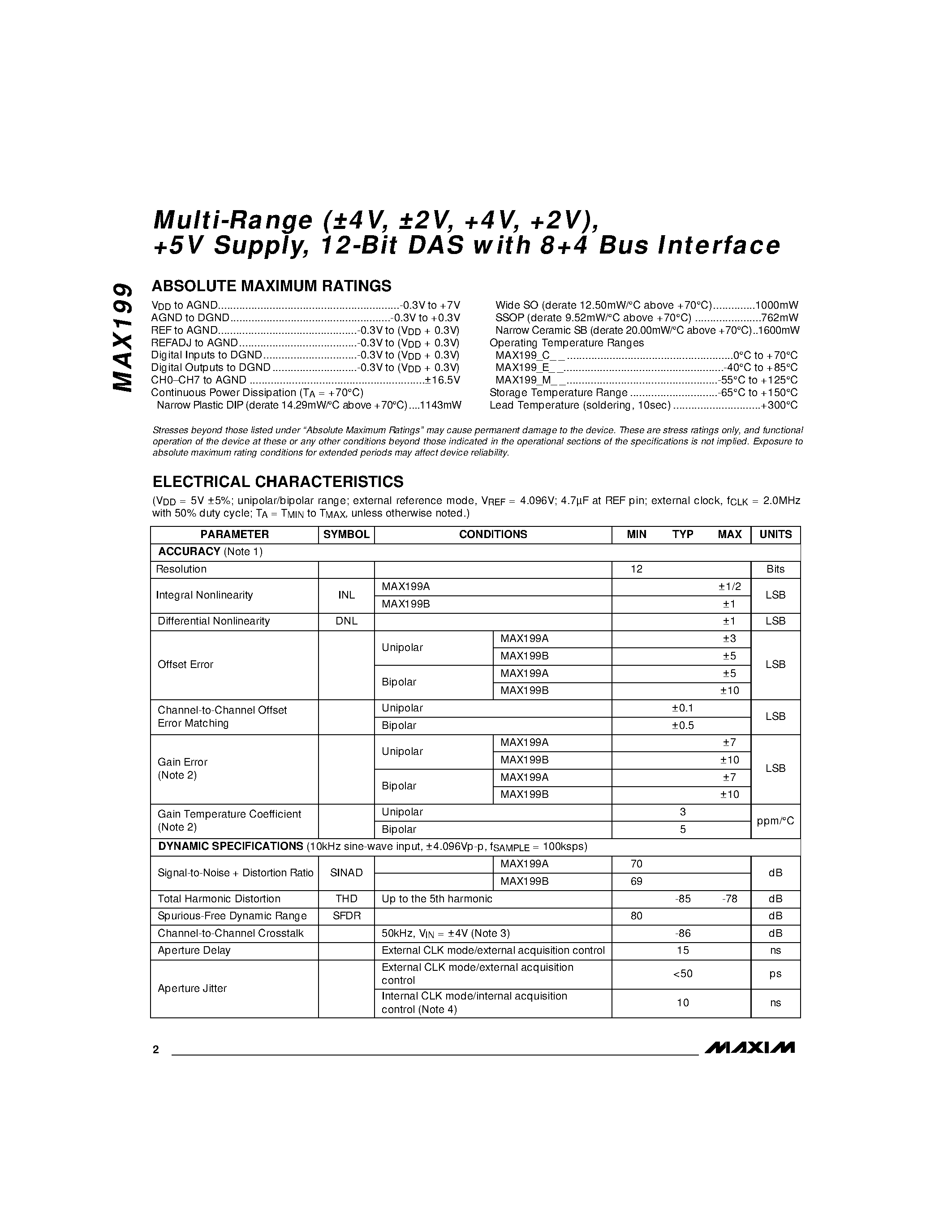 Datasheet MAX199 - Multi-Range (4V / 2V / +4V / +2V) / +5V Supply / 12-Bit DAS with 8+4 Bus Interface page 2