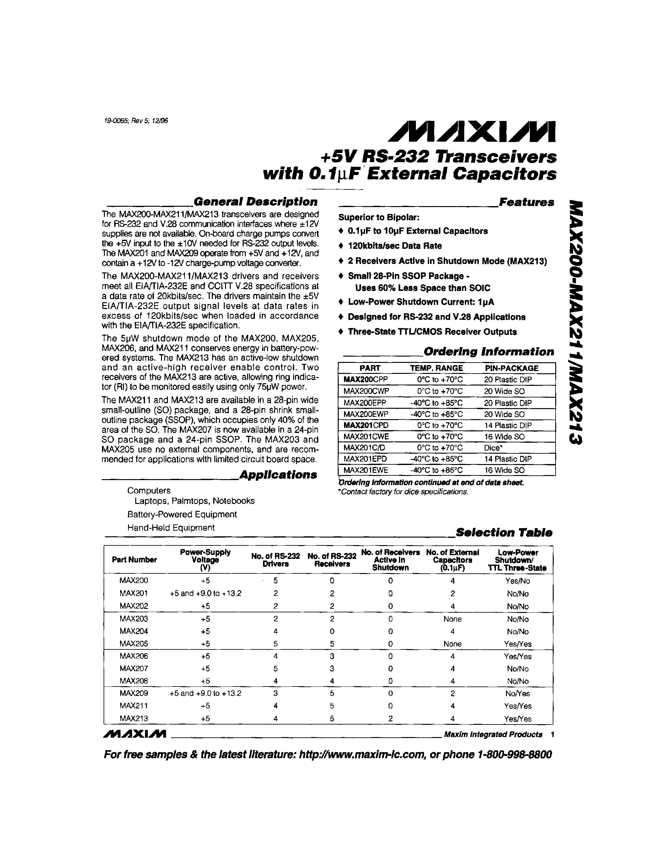 Datasheet MAX200 - +5V RS-232 Transceivers with 0.1uF External Capacitors page 1