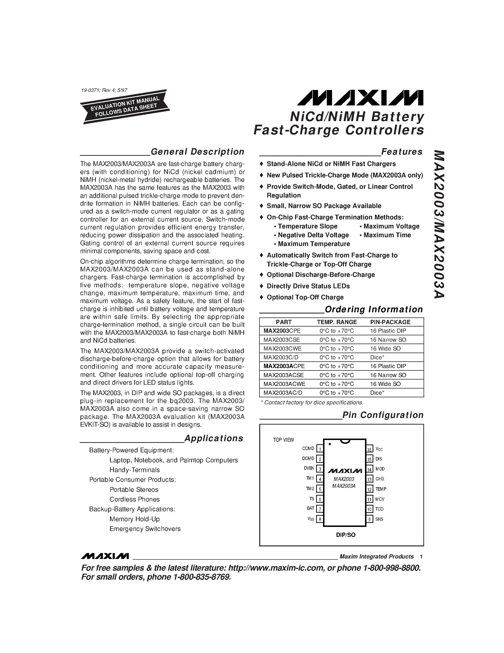 Datasheet MAX2003 - NiCd/NiMH Battery Fast-Charge Controllers page 1