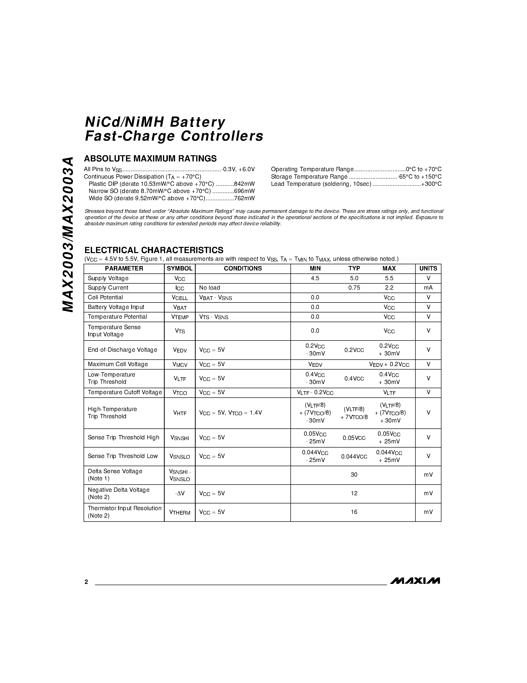 Datasheet MAX2003 - NiCd/NiMH Battery Fast-Charge Controllers page 2