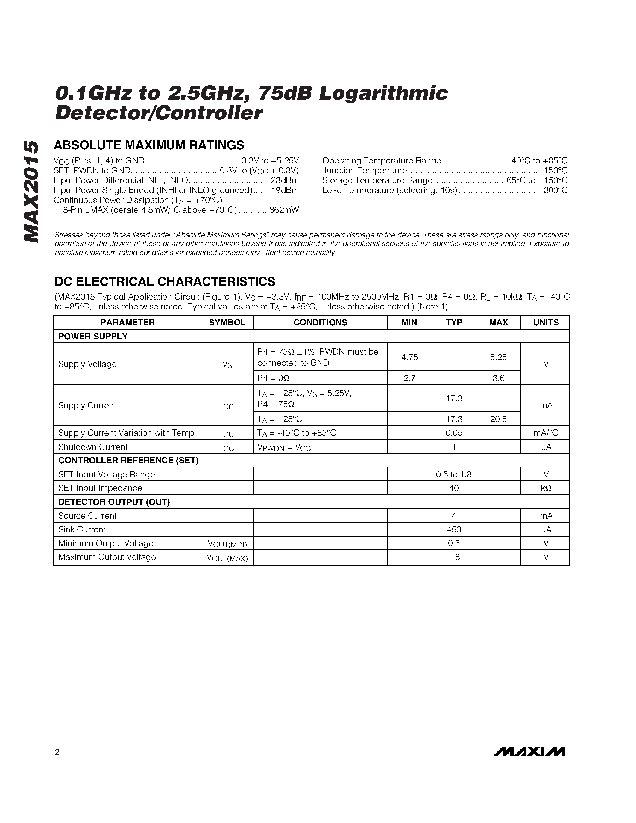Datasheet MAX2015 page 2 Datasheet MAX2015 - 0.1GHz to 2.5GHz / 75dB Logarithmic Detector/Controller page 2