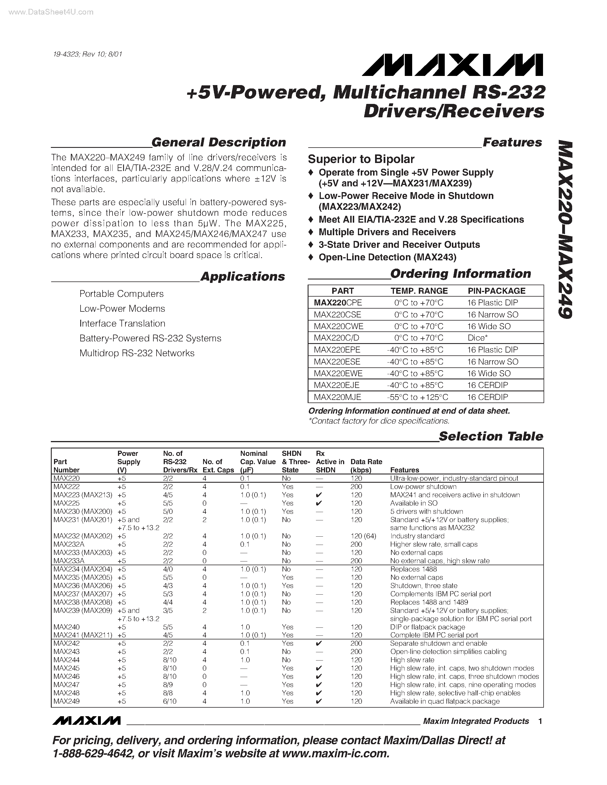 Datasheet MAX205 - +5V RS-232 Transceivers with 0.1uF External Capacitors page 1