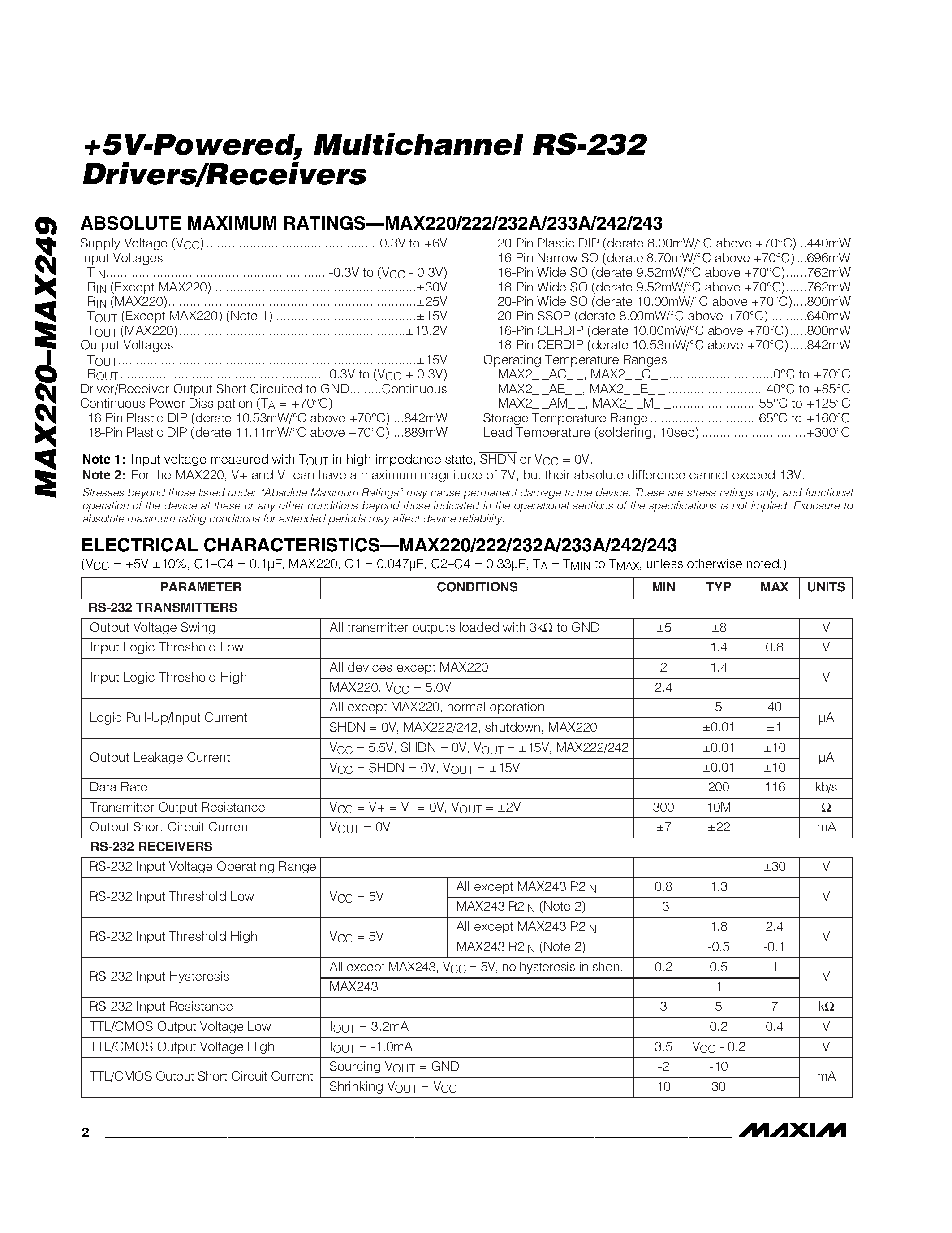 Datasheet MAX205 - +5V RS-232 Transceivers with 0.1uF External Capacitors page 2