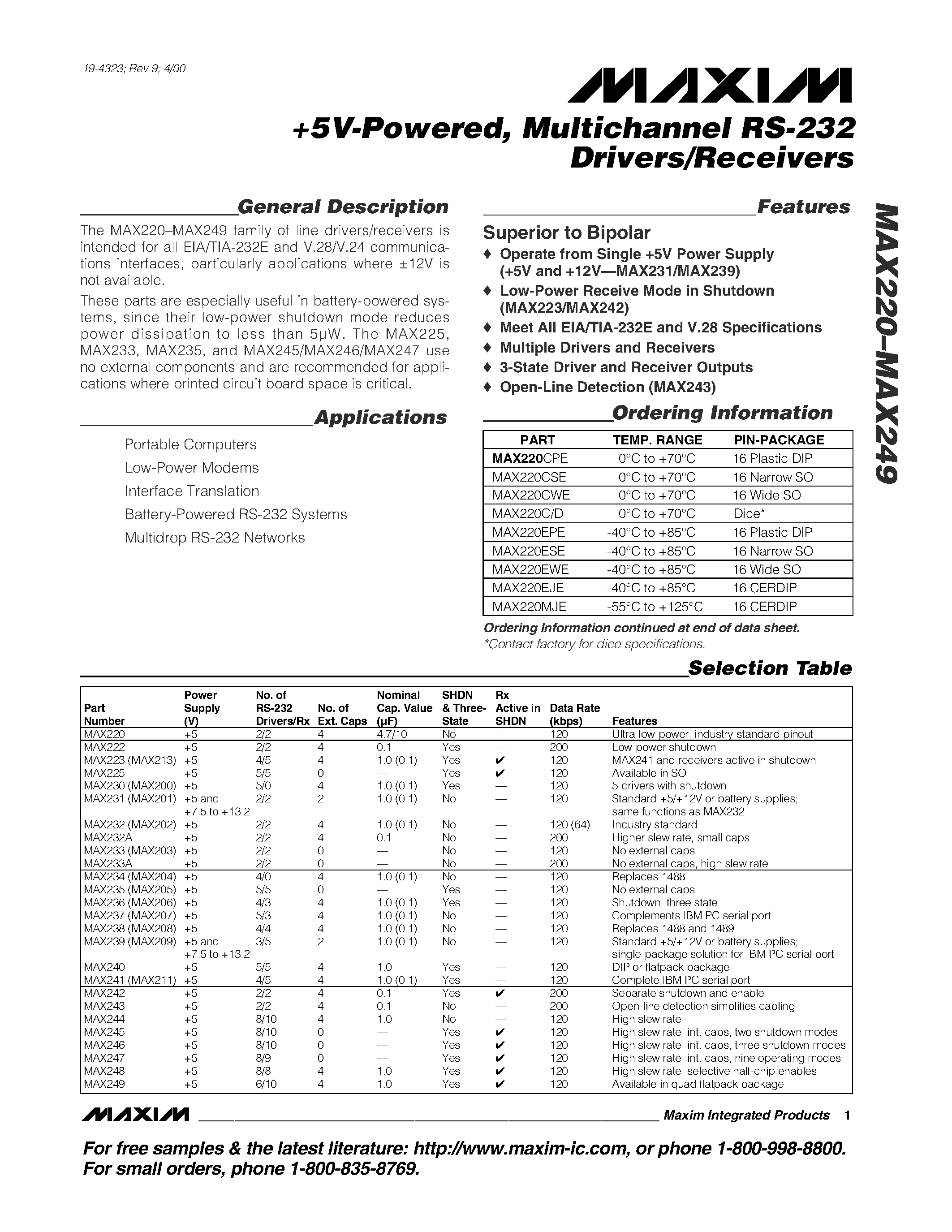 Datasheet MAX208 - +5V RS-232 Transceivers with 0.1uF External Capacitors page 1