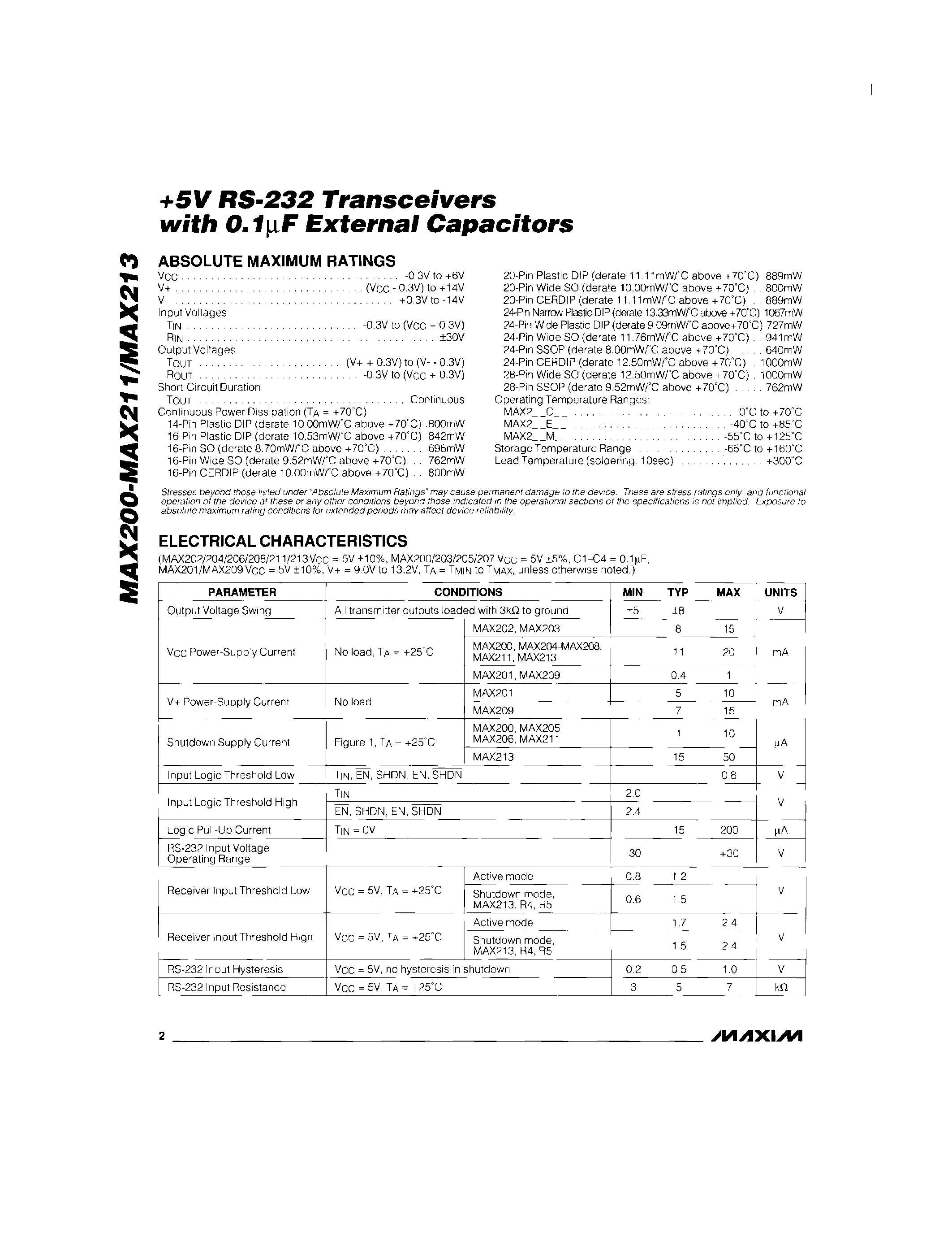Datasheet MAX210 - +5V RS-232 Transceivers with 0.1uF External Capacitors page 2