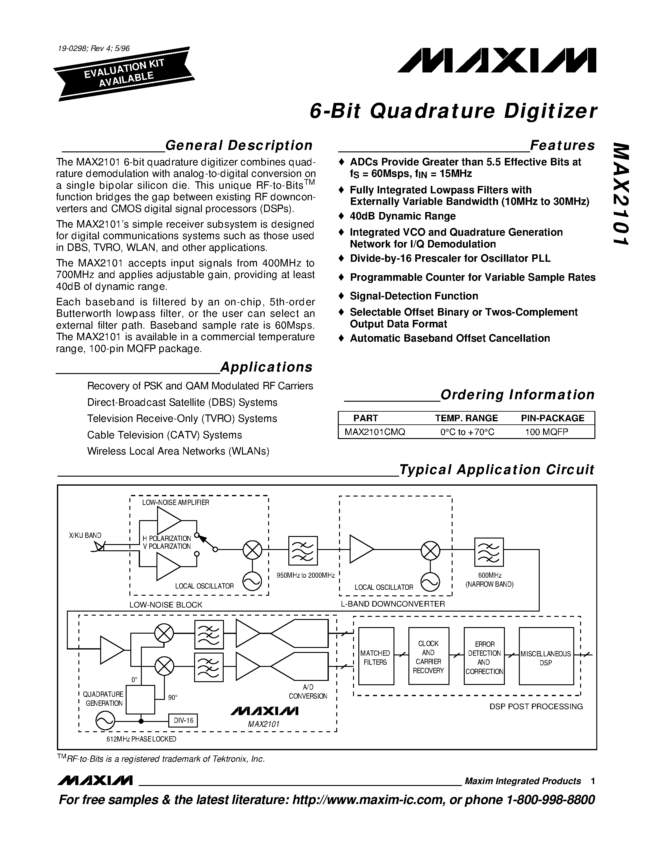 Datasheet MAX2101 - 6-Bit Quadrature Digitizer page 1