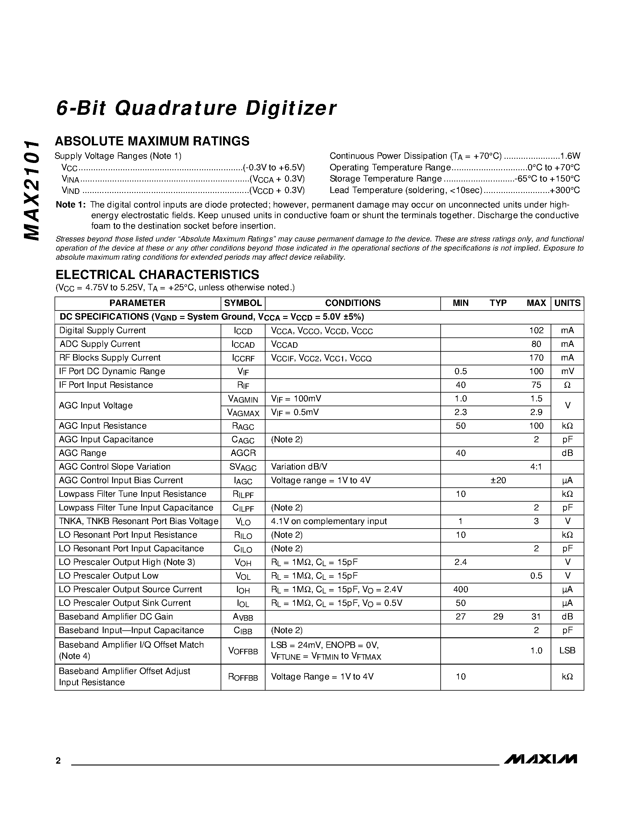 Datasheet MAX2101 - 6-Bit Quadrature Digitizer page 2