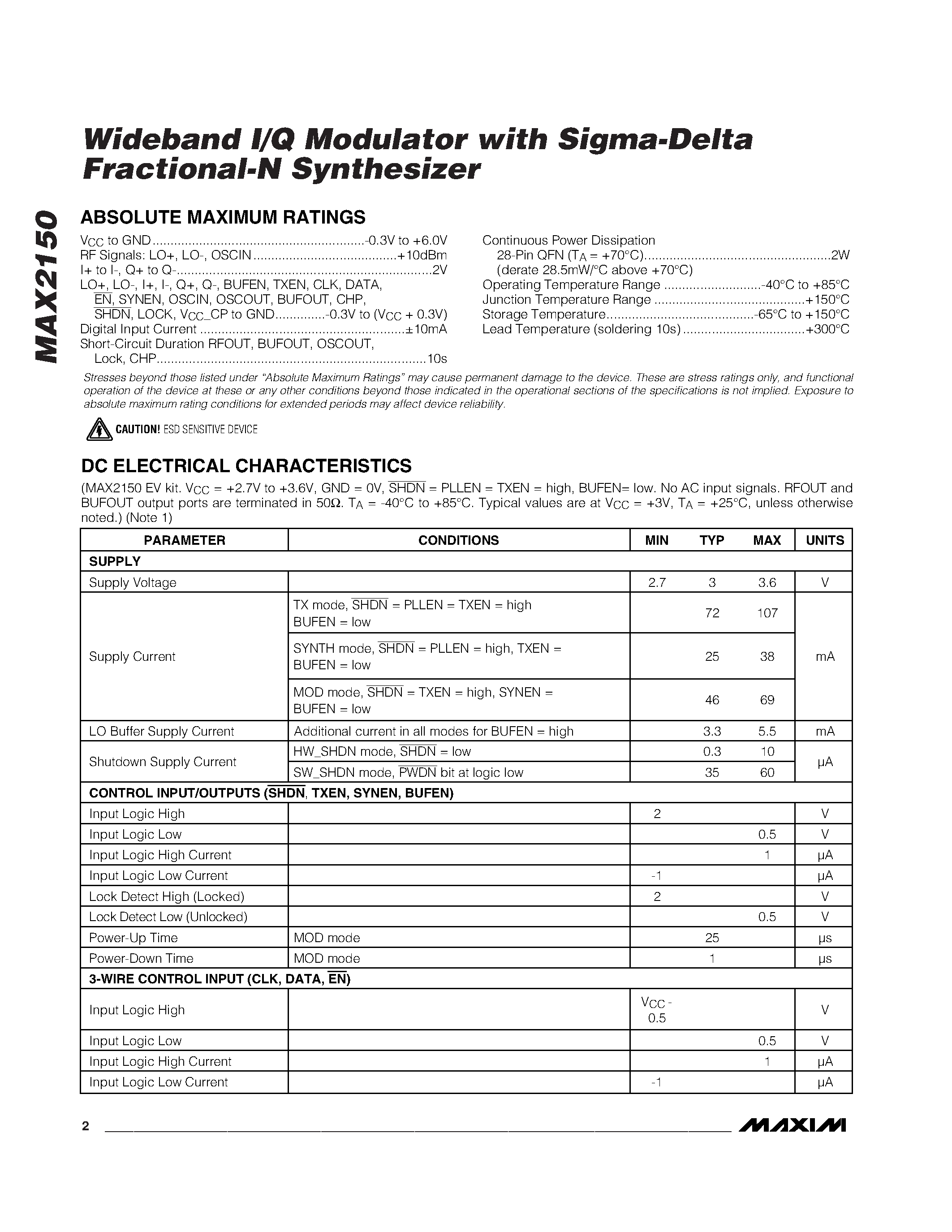 Datasheet MAX2150 page 2 Datasheet MAX2150 - Wideband I/Q Modulator with Sigma-Delta Fractional-N Synthesizer page 2