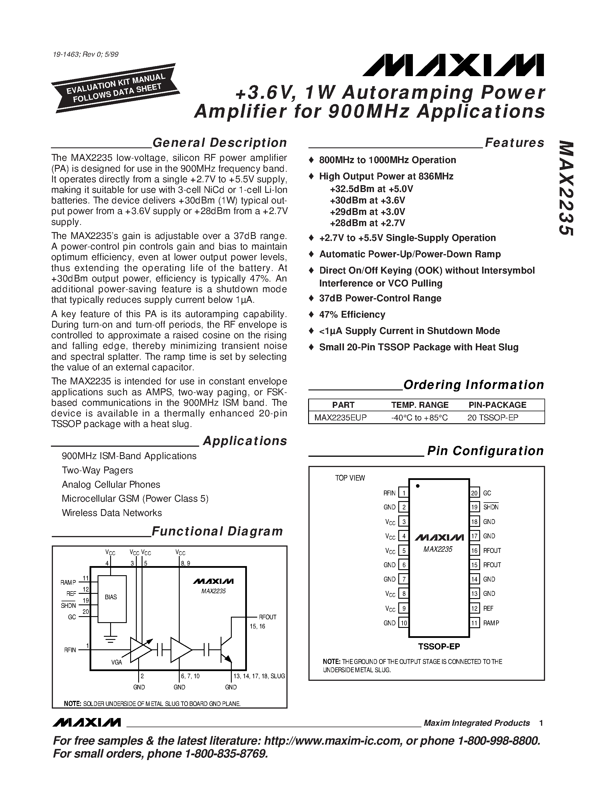 Datasheet MAX2235 - +3.6V / 1W Autoramping Power Amplifier for 900MHz Applications page 1