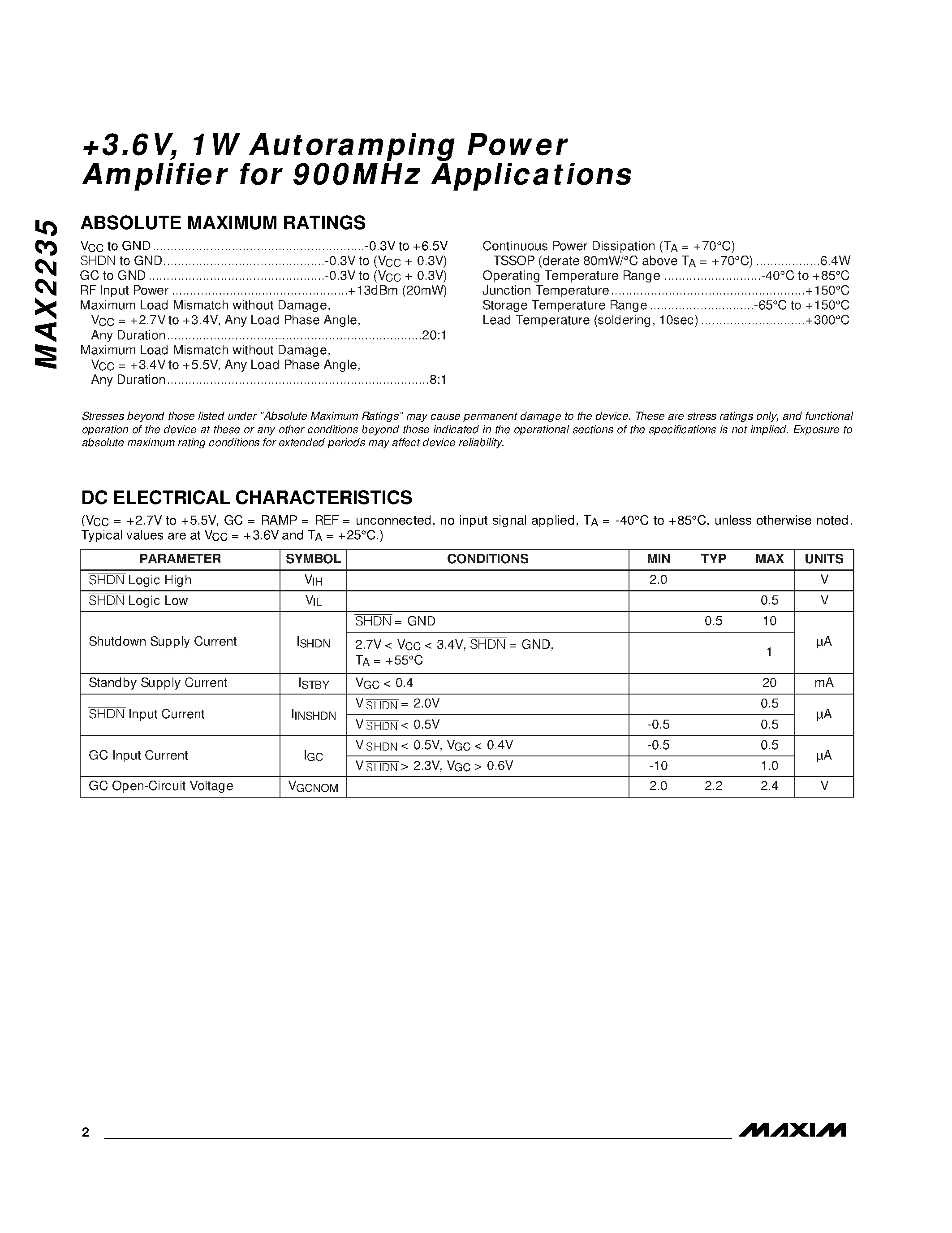 Datasheet MAX2235 - +3.6V / 1W Autoramping Power Amplifier for 900MHz Applications page 2