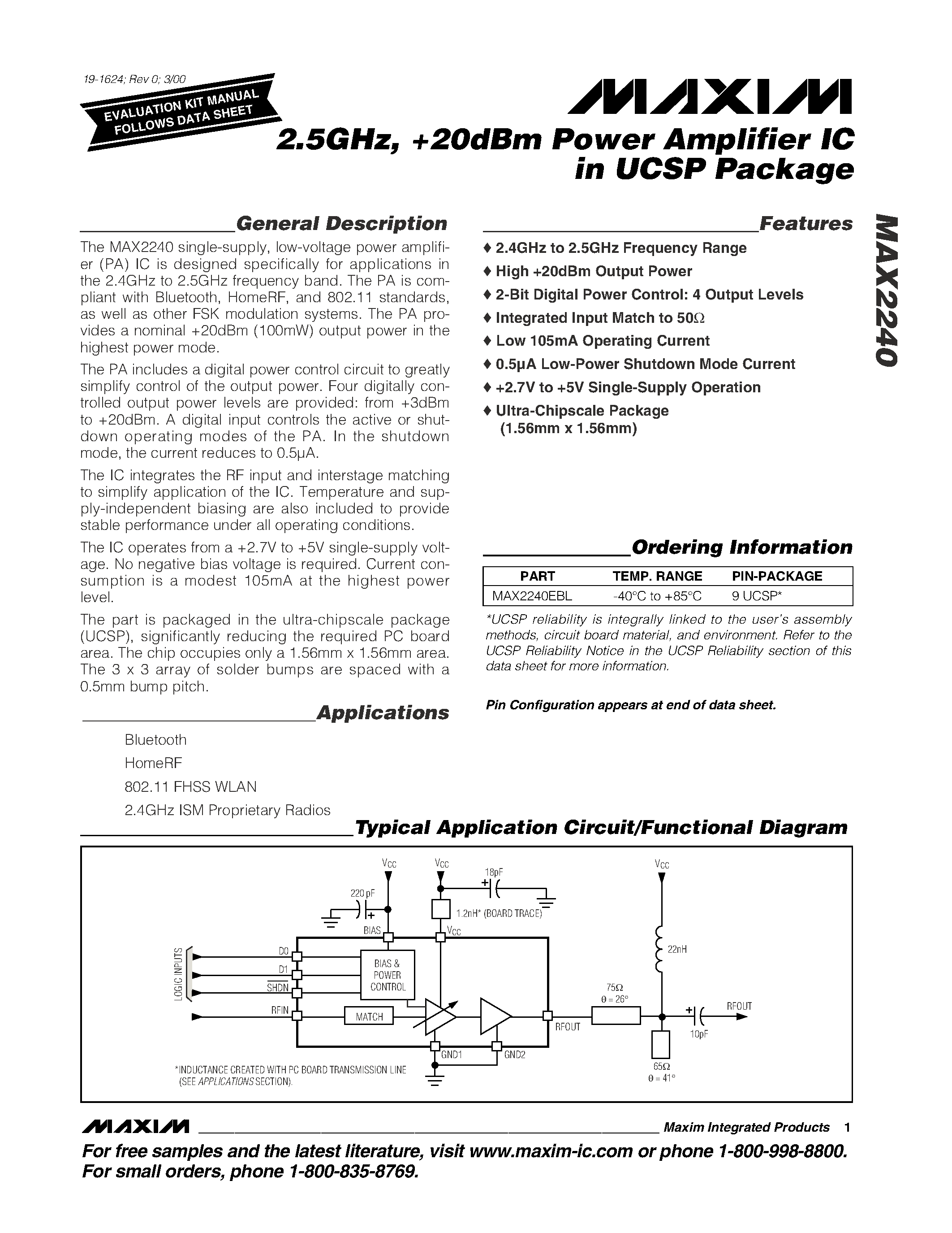 Datasheet MAX2240 - 2.5GHz / +20dBm Power Amplifier IC in UCSP Package page 1