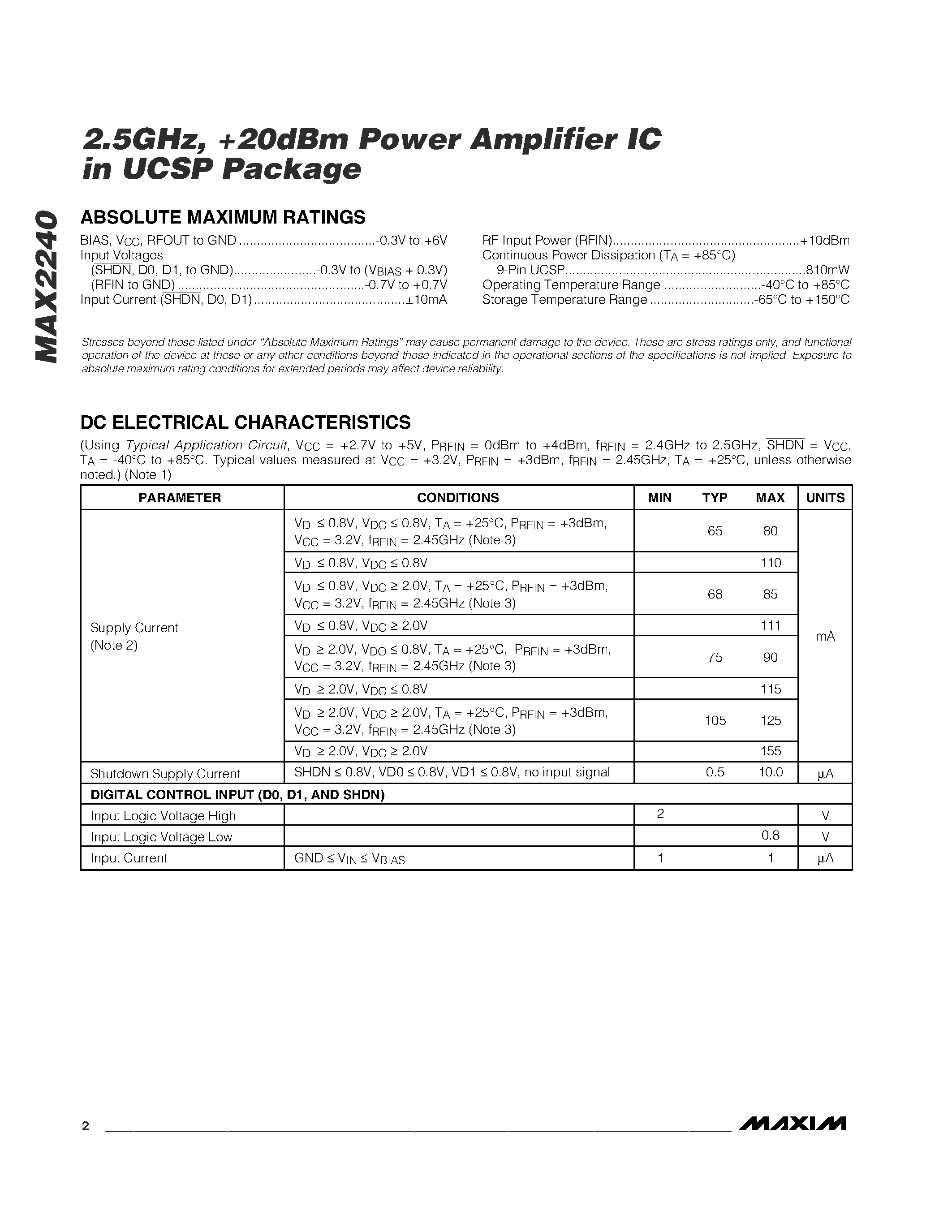 Datasheet MAX2240 - 2.5GHz / +20dBm Power Amplifier IC in UCSP Package page 2