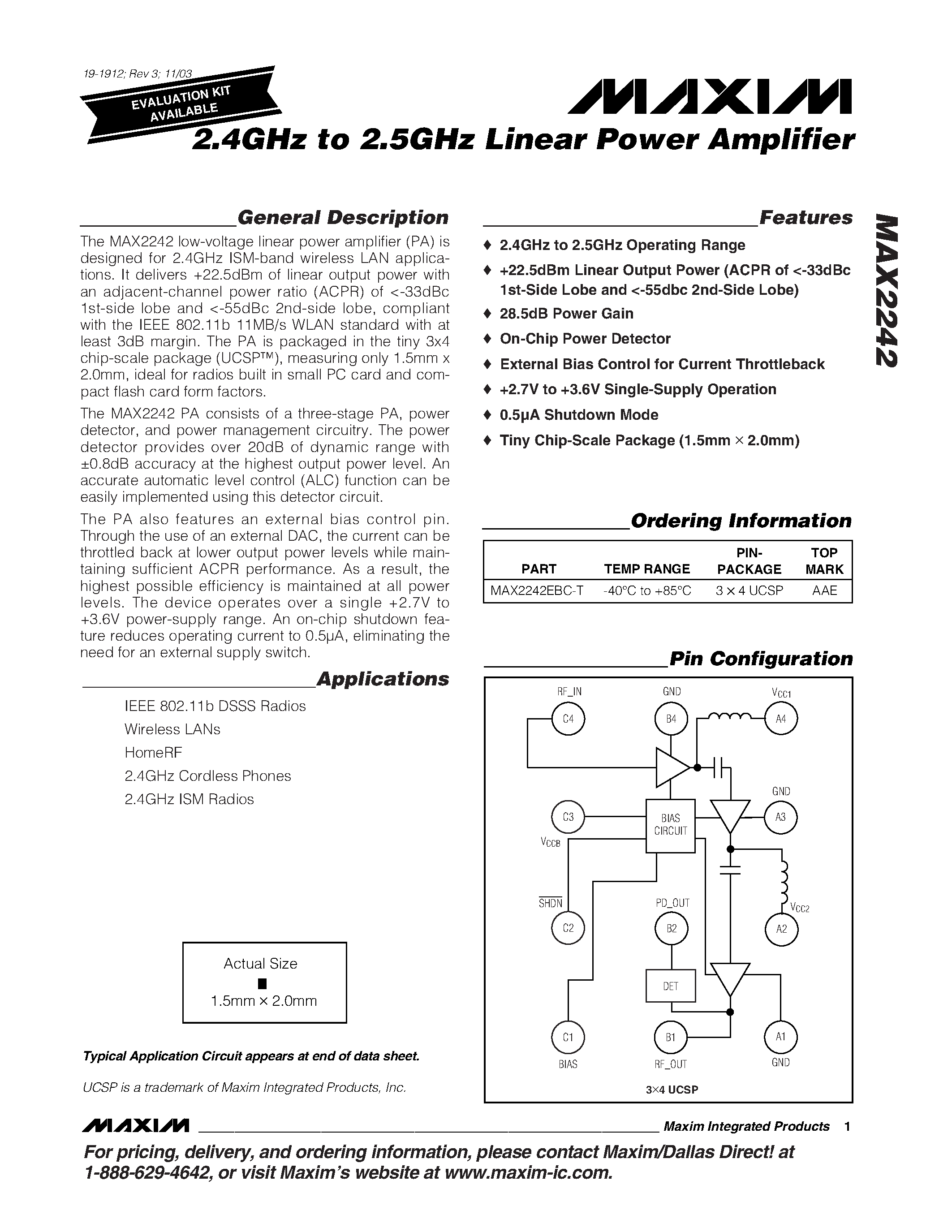 Datasheet MAX2242 page 1 Datasheet MAX2242 - 2.4GHz to 2.5GHz Linear Power Amplifier page 1