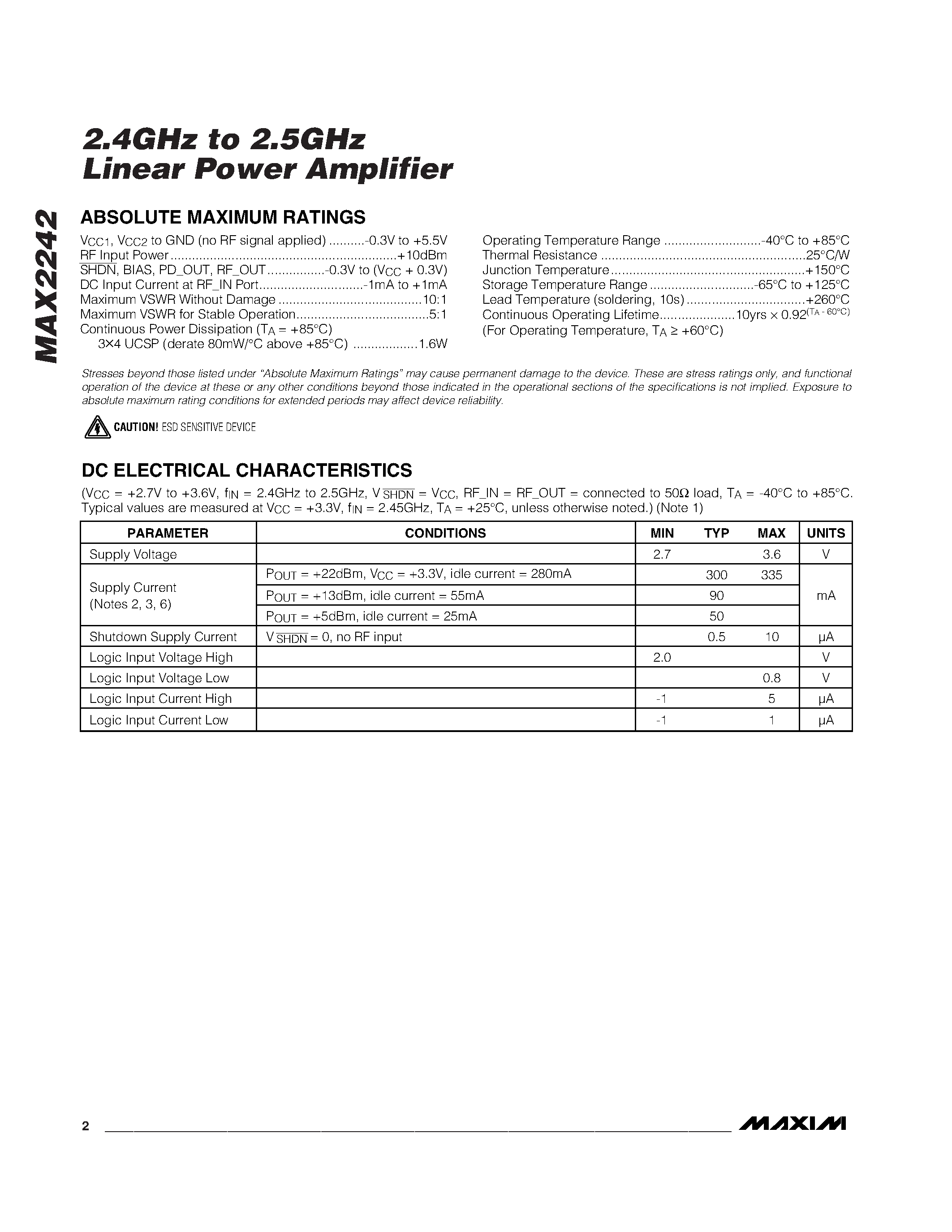 Datasheet MAX2242 page 2 Datasheet MAX2242 - 2.4GHz to 2.5GHz Linear Power Amplifier page 2