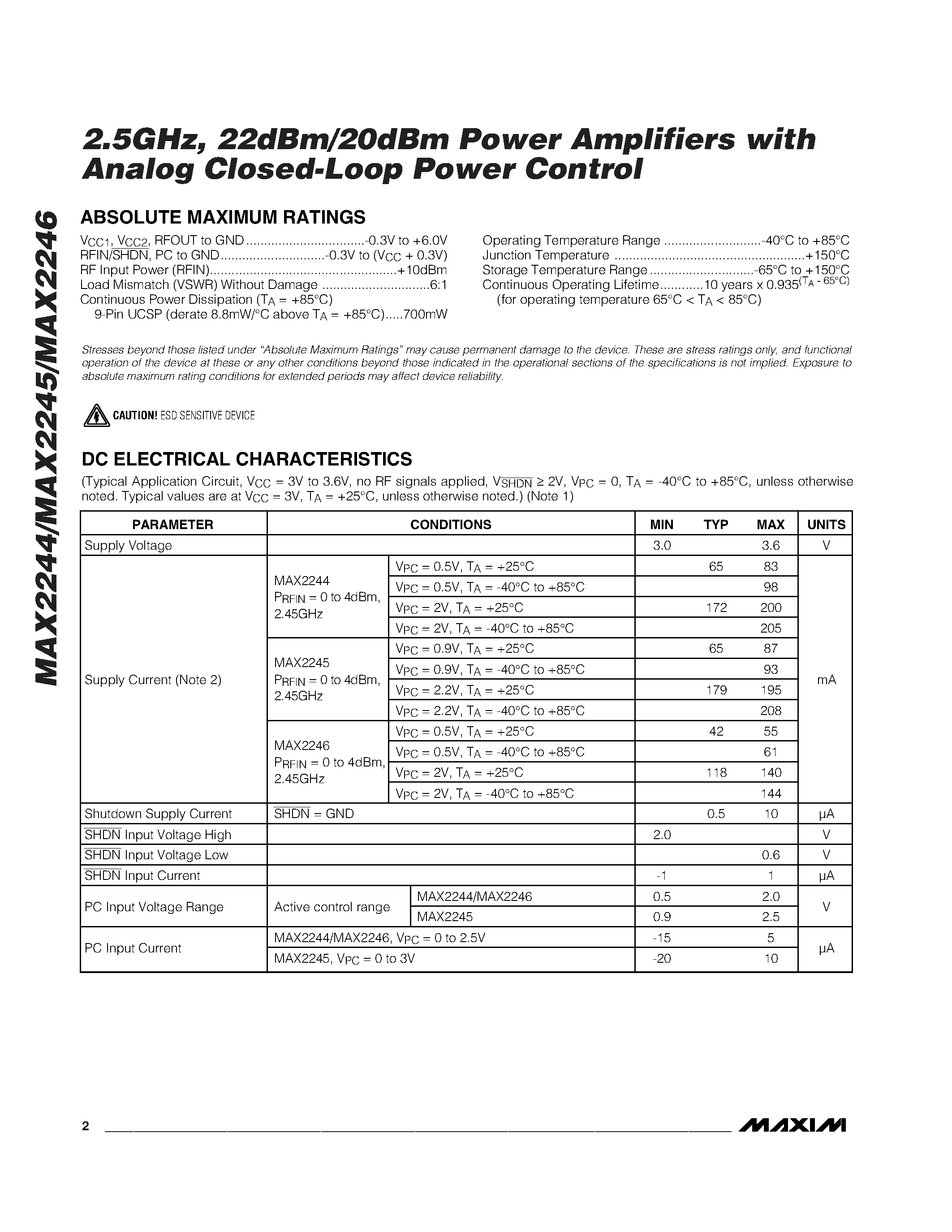 Datasheet MAX2246 - 2.5GHz / 22dBm/20dBm Power Amplifiers with Analog Closed-Loop Power Control page 2