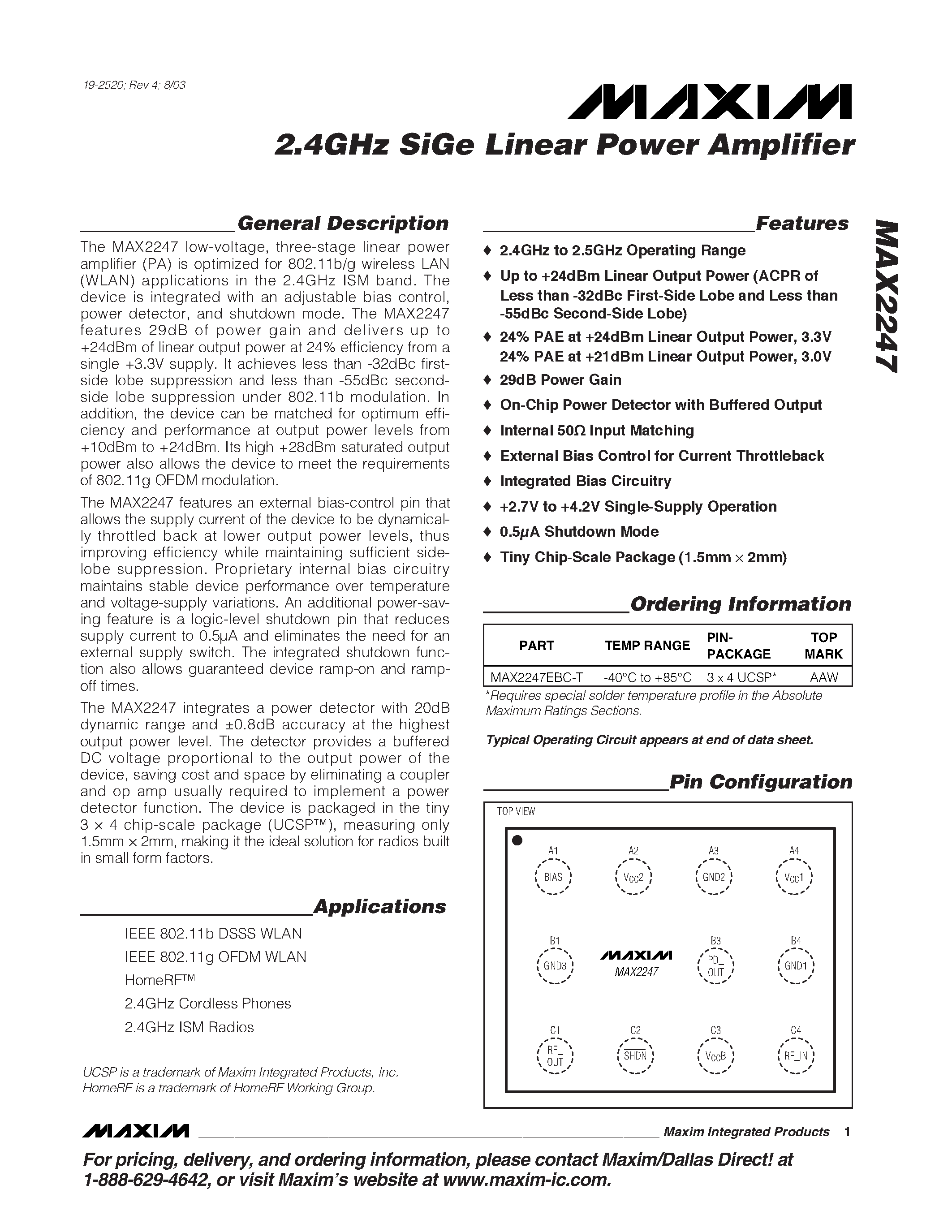 Datasheet MAX2247 - 2.4GHz SiGe Linear Power Amplifier page 1