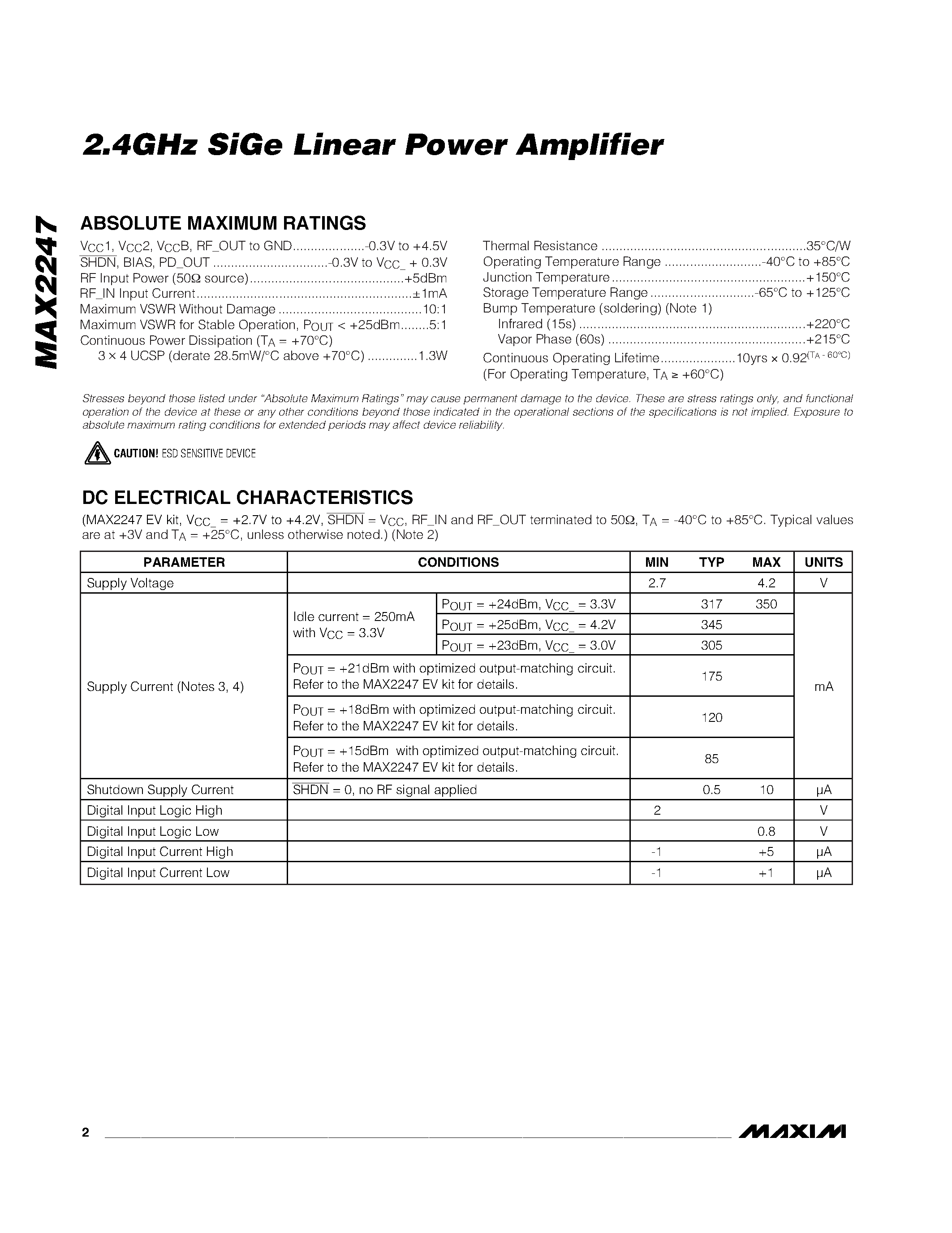 Datasheet MAX2247 - 2.4GHz SiGe Linear Power Amplifier page 2