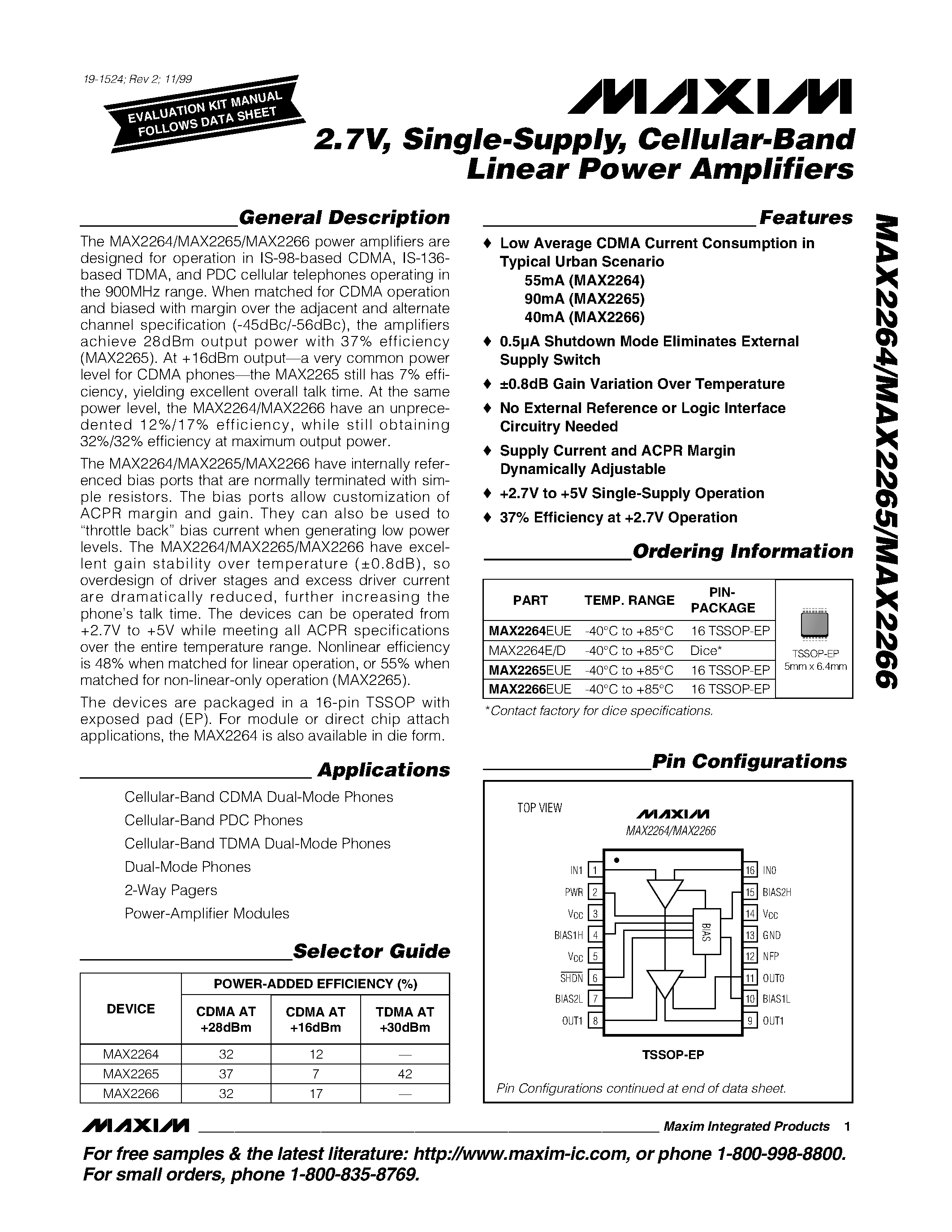 Datasheet MAX2265EUE - 2.7V / Single-Supply / Cellular-Band Linear Power Amplifiers page 1