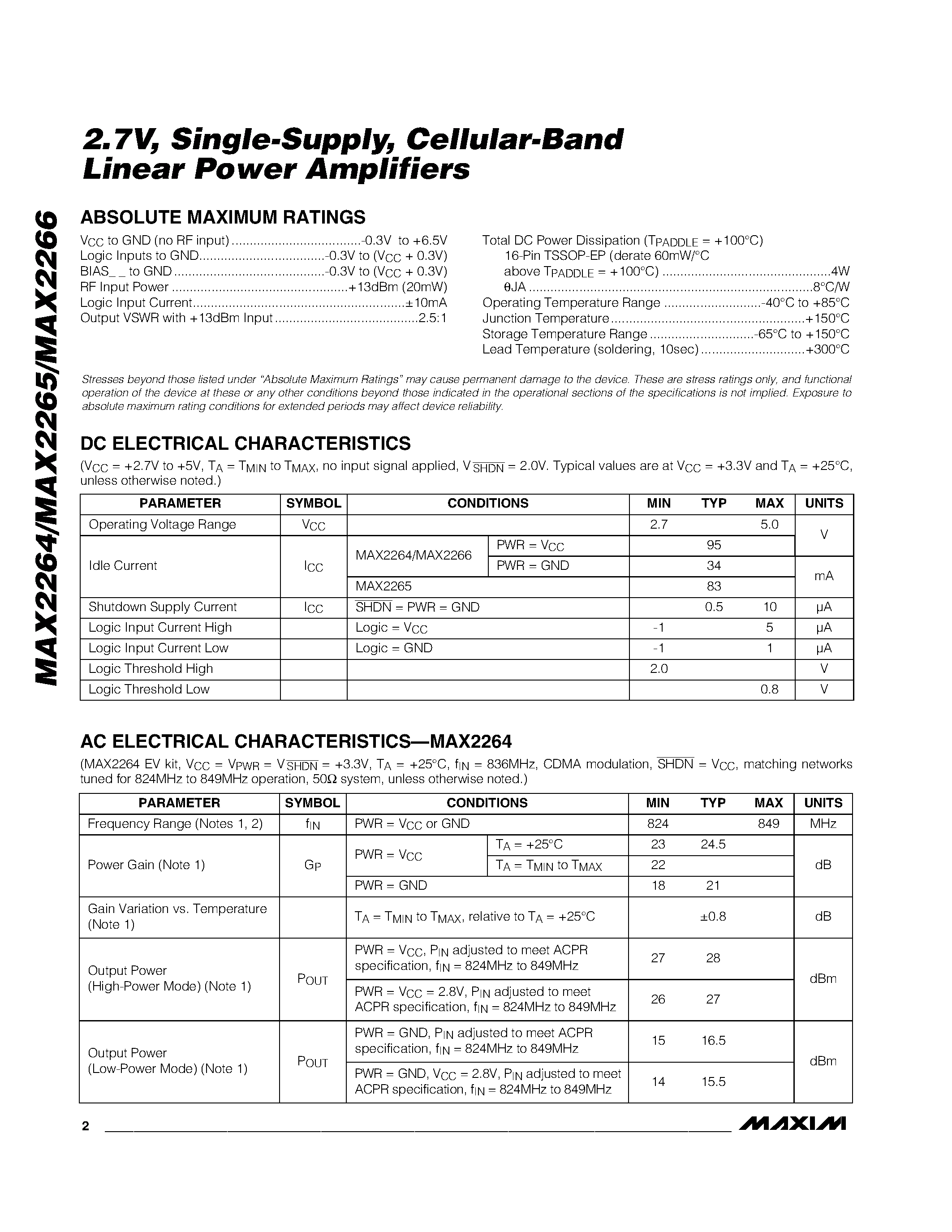 Datasheet MAX2266EUE - 2.7V / Single-Supply / Cellular-Band Linear Power Amplifiers page 2