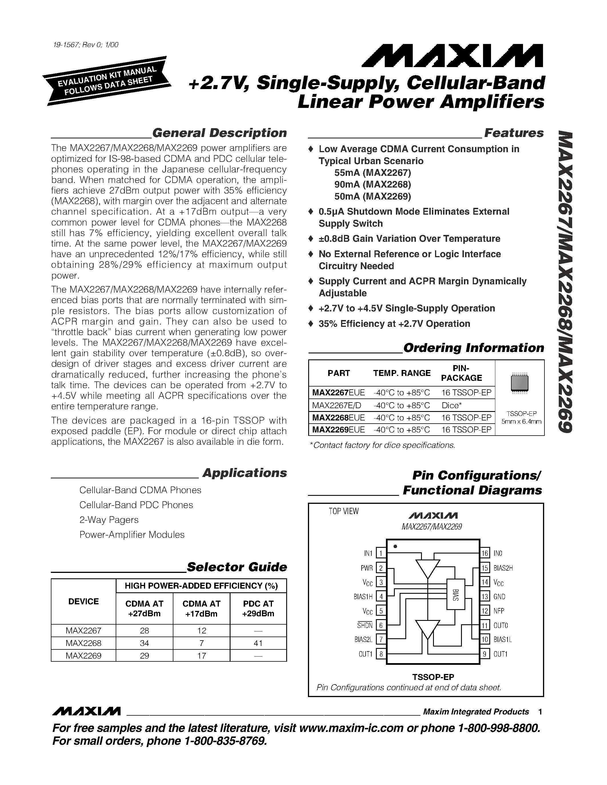 Datasheet MAX2267 - +2.7V / Single-Supply / Cellular-Band Linear Power Amplifiers page 1