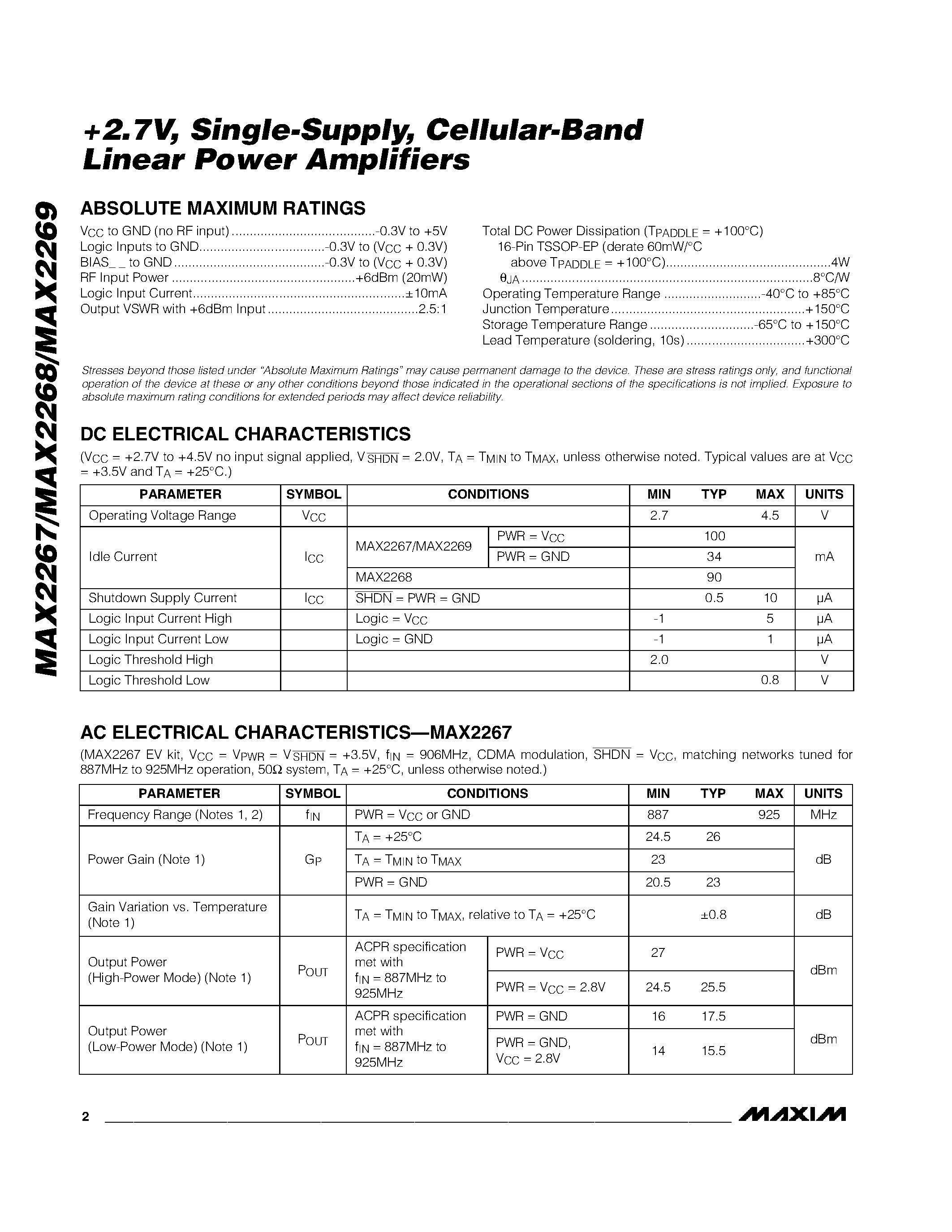 Datasheet MAX2268EUE - +2.7V / Single-Supply / Cellular-Band Linear Power Amplifiers page 2