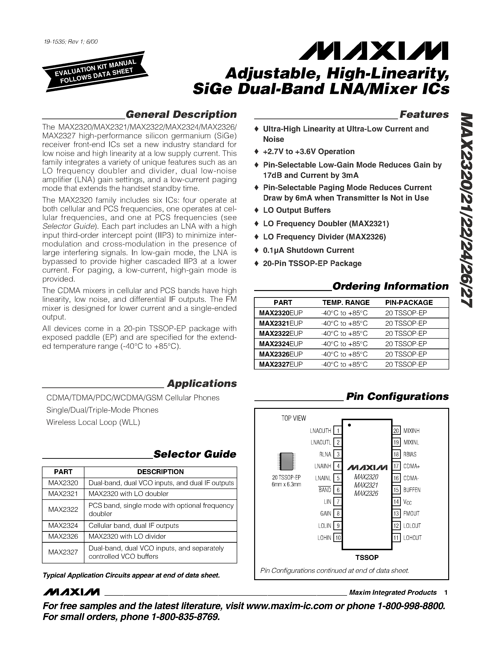 Даташит на микросхему MAX2320EUP страница 1 Даташит MAX2320EUP - Adjustable / High-Linearity / SiGe Dual-Band LNA/Mixer ICs страница 1