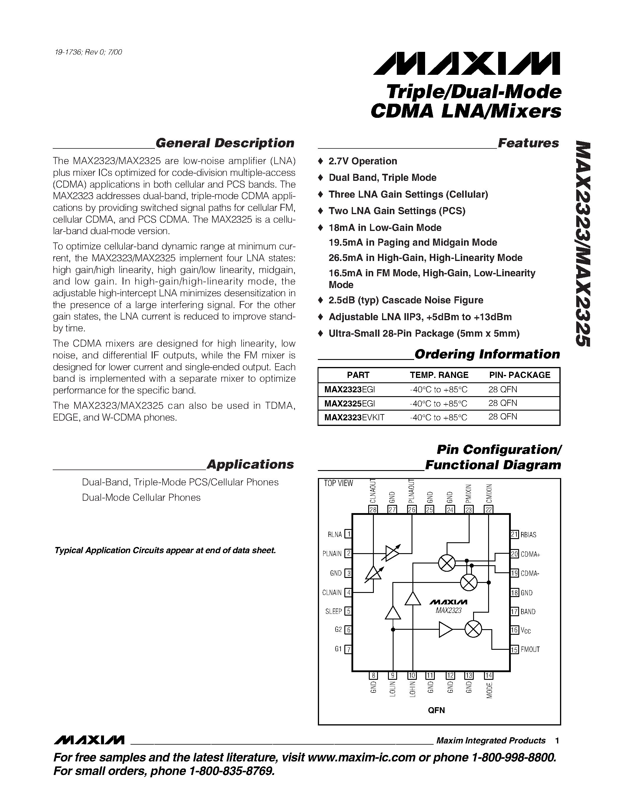 Datasheet MAX2323EGI - Triple/Dual-Mode CDMA LNA/Mixers page 1