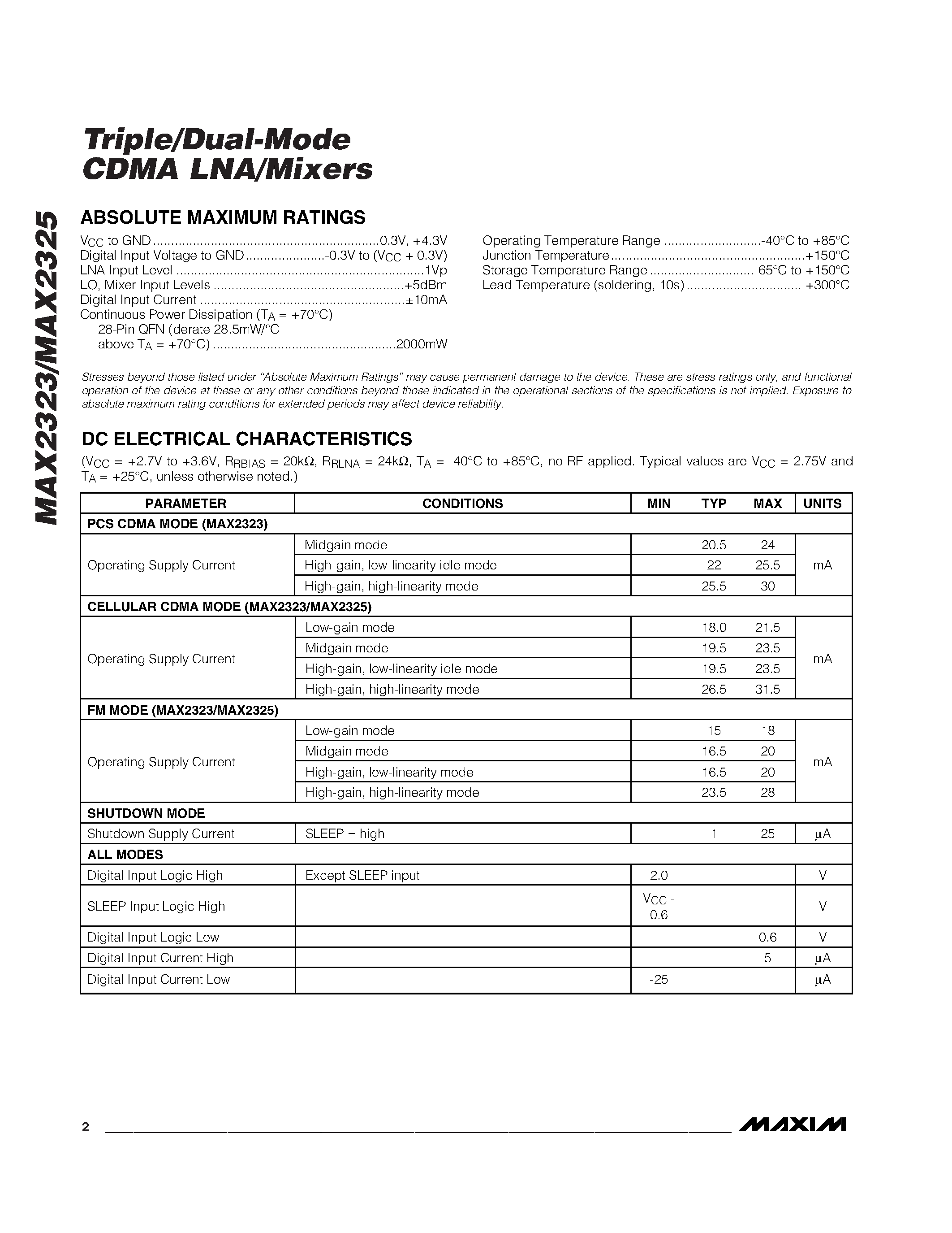 Datasheet MAX2325EGI - Triple/Dual-Mode CDMA LNA/Mixers page 2