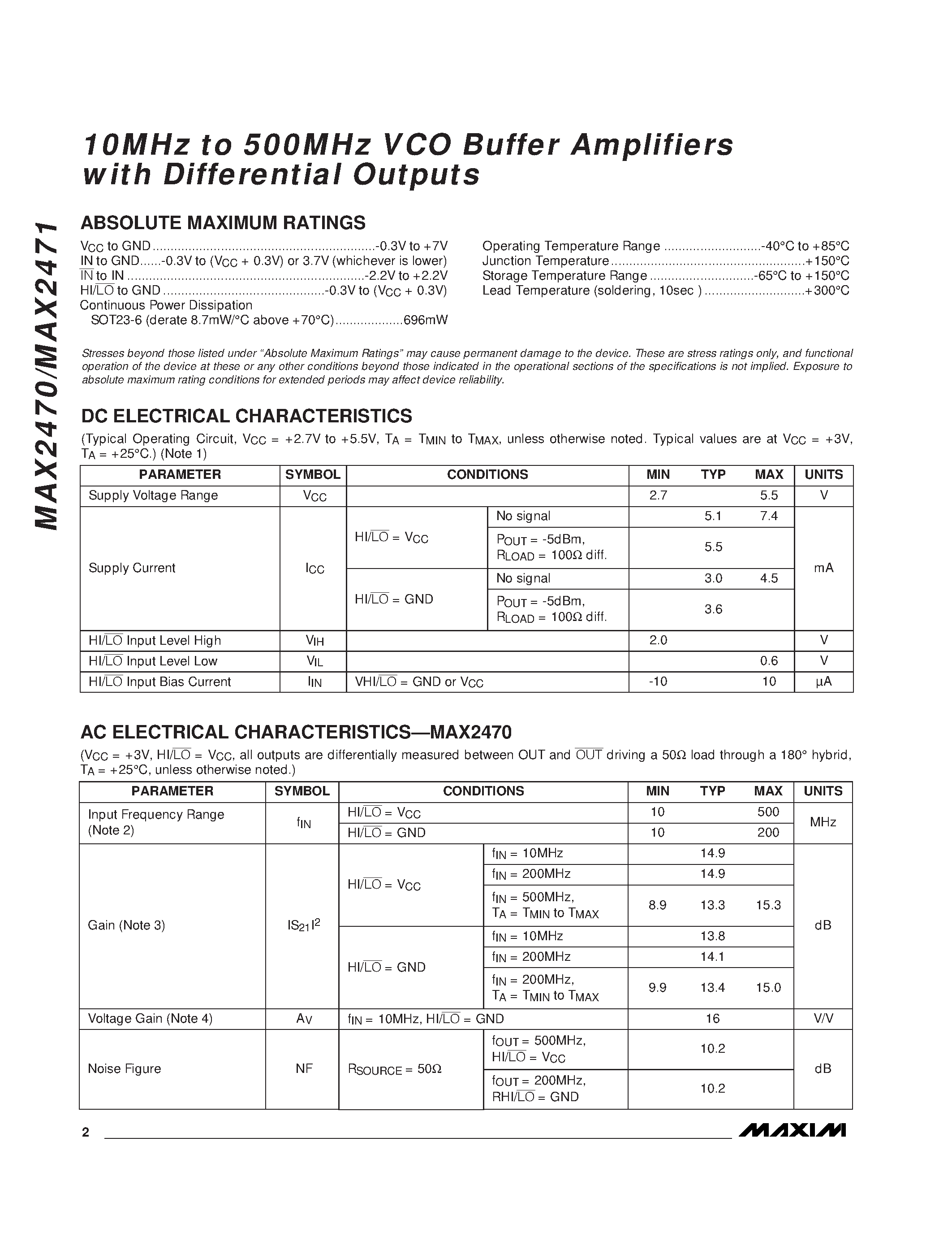 Datasheet MAX2471EUT-T page 2 Datasheet MAX2471EUT-T - 10MHz to 500MHz VCO Buffer Amplifiers with Differential Outputs page 2