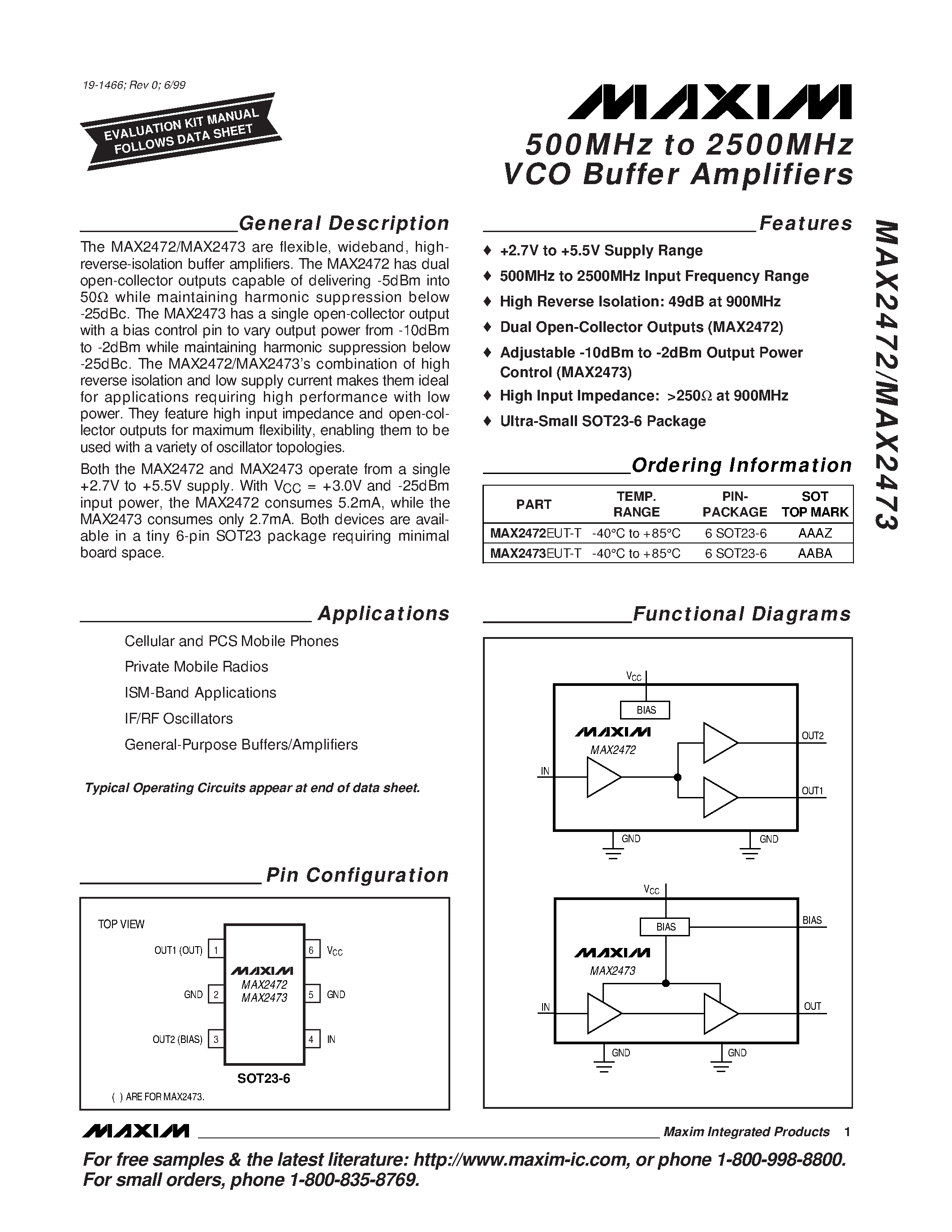 Datasheet MAX2472EUT-T - 500MHz to 2500MHz VCO Buffer Amplifiers page 1