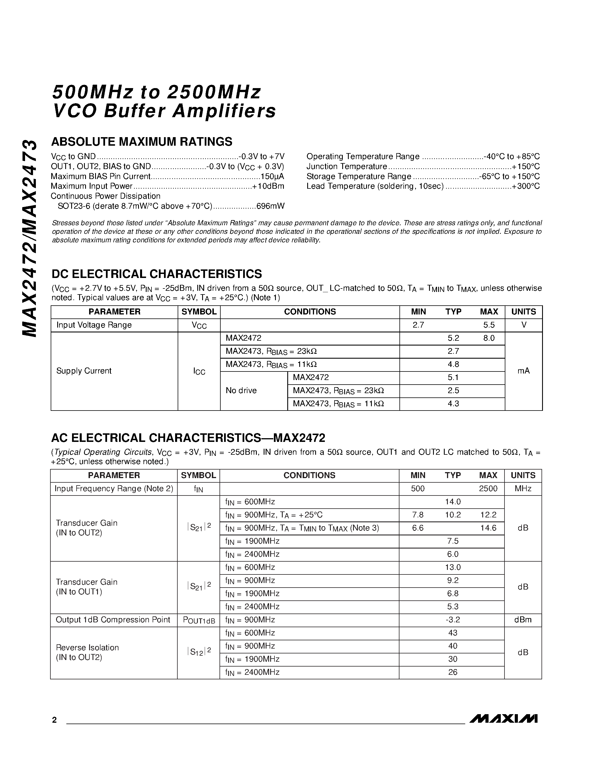Datasheet MAX2472EUT-T - 500MHz to 2500MHz VCO Buffer Amplifiers page 2