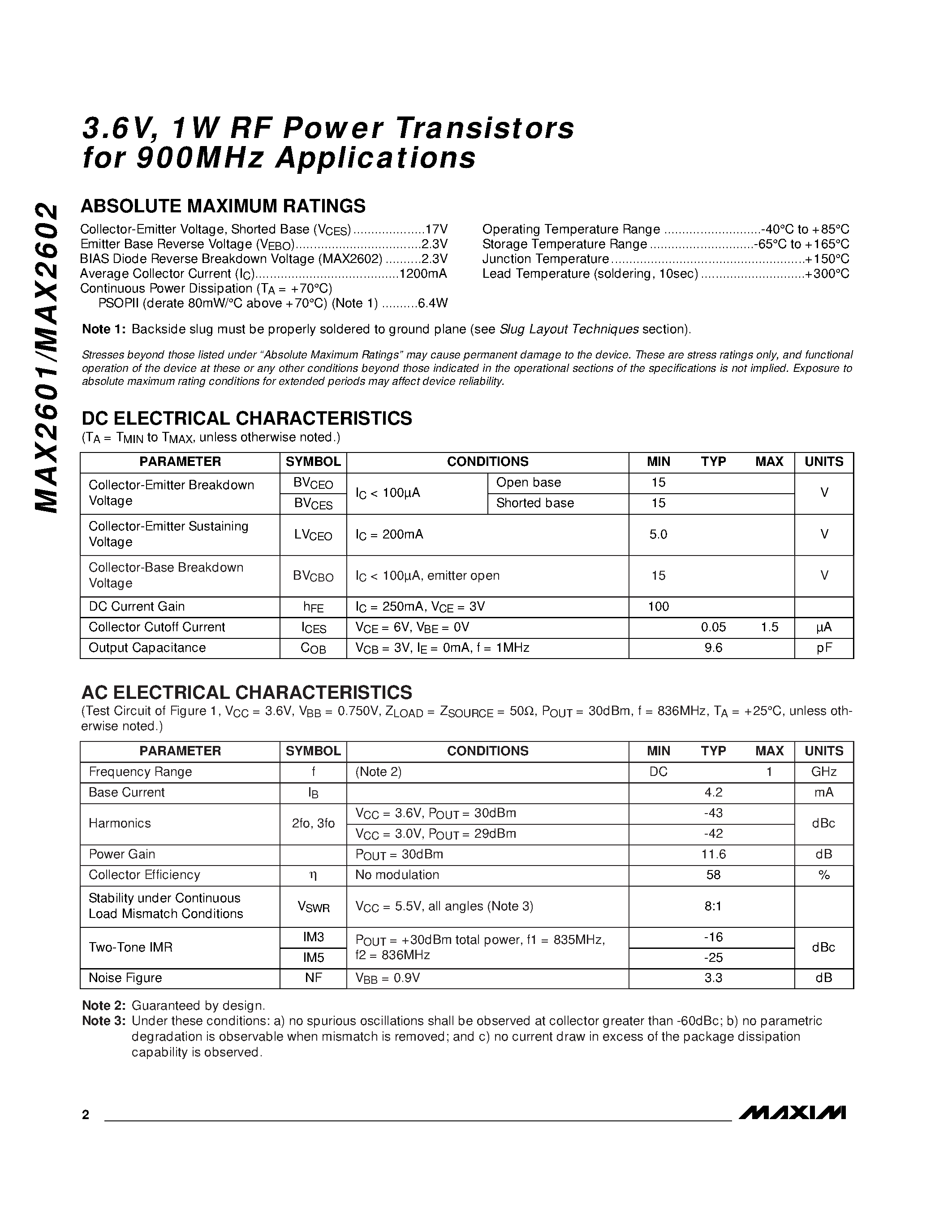 Datasheet MAX2601-MAX2602 - 3.6V / 1W RF Power Transistors for 900MHz Applications page 2