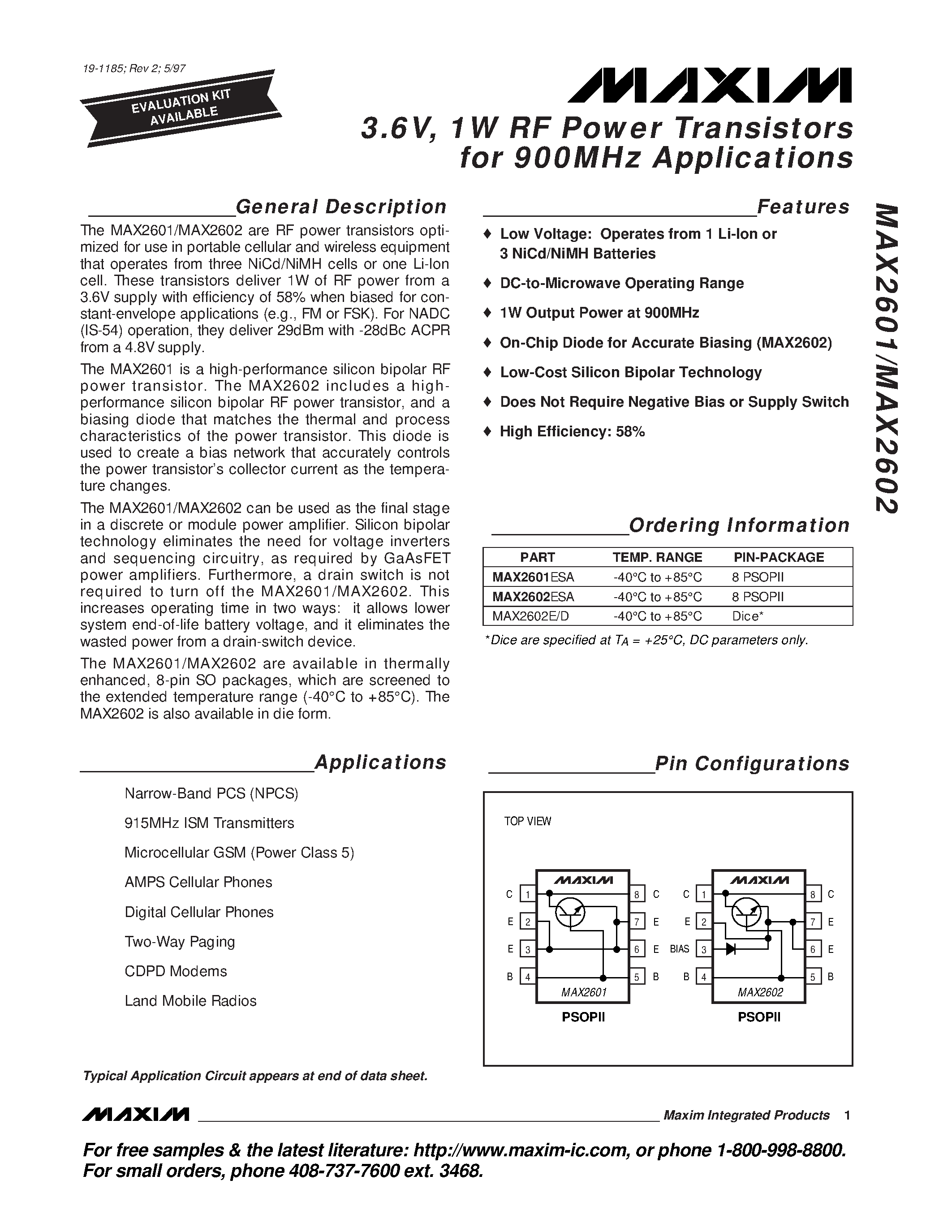 Datasheet MAX2601ESA - 3.6V / 1W RF Power Transistors for 900MHz Applications page 1