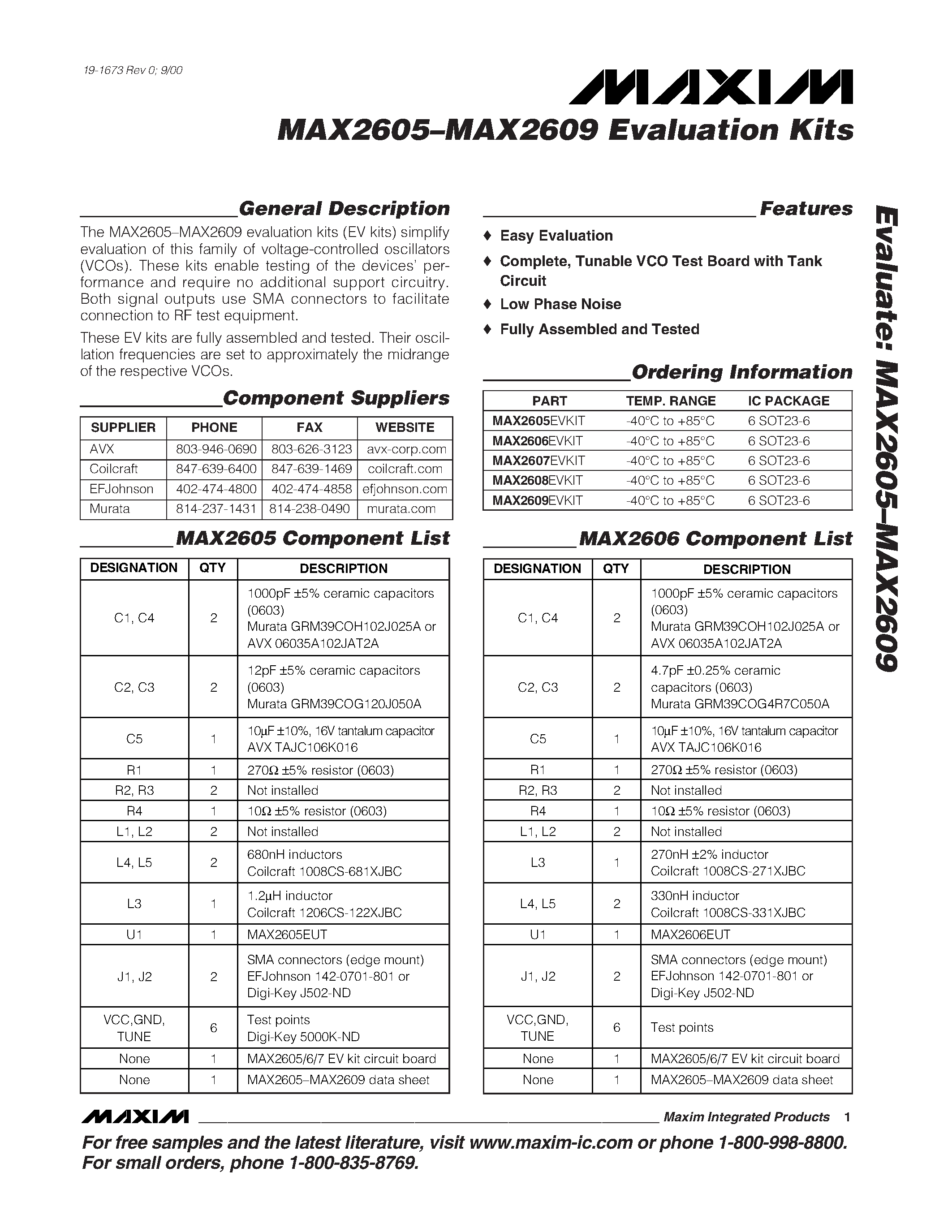 Datasheet MAX2606EUT-T - 45MHz to 650MHz / Integrated IF VCOs with Differential Output page 1