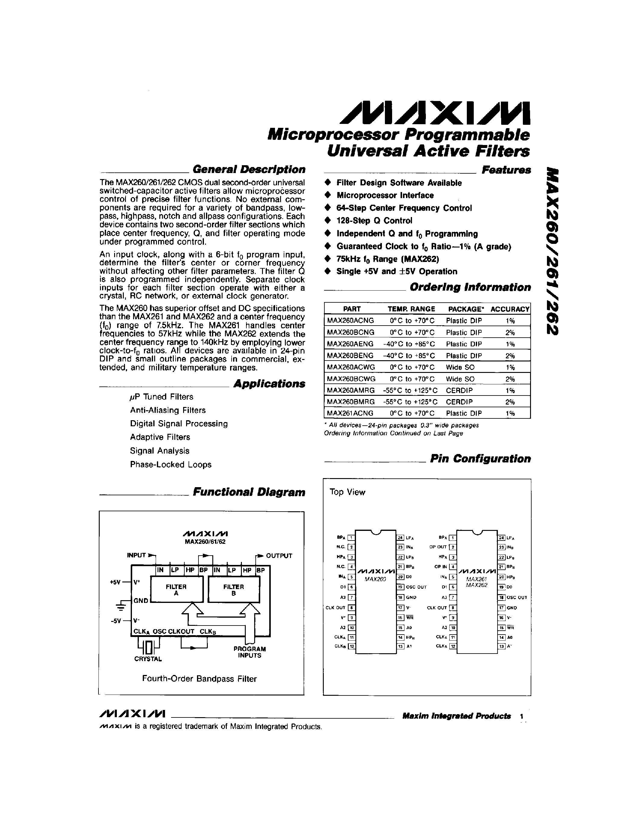 Даташит MAX261BMRG - Microprocessor Programmable Universal Active Filters страница 1
