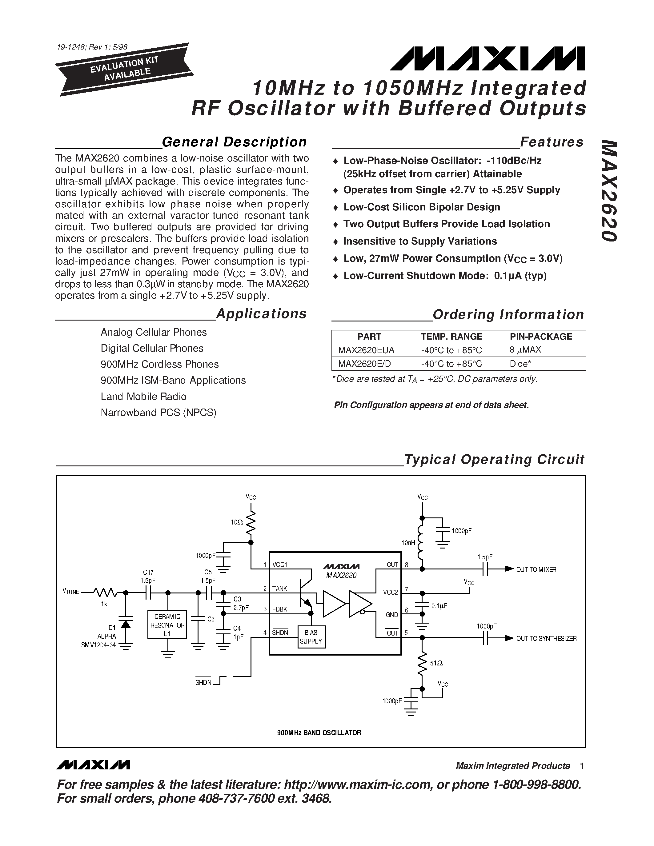 Datasheet MAX2620E/D page 1 Datasheet MAX2620E/D - 10MHz to 1050MHz Integrated RF Oscillator with Buffered Outputs page 1