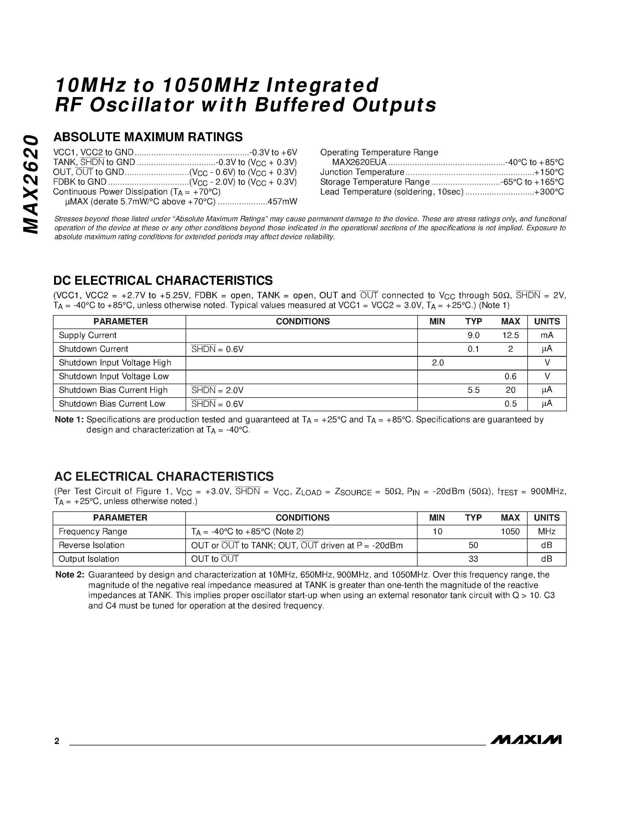 Datasheet MAX2620E/D page 2 Datasheet MAX2620E/D - 10MHz to 1050MHz Integrated RF Oscillator with Buffered Outputs page 2