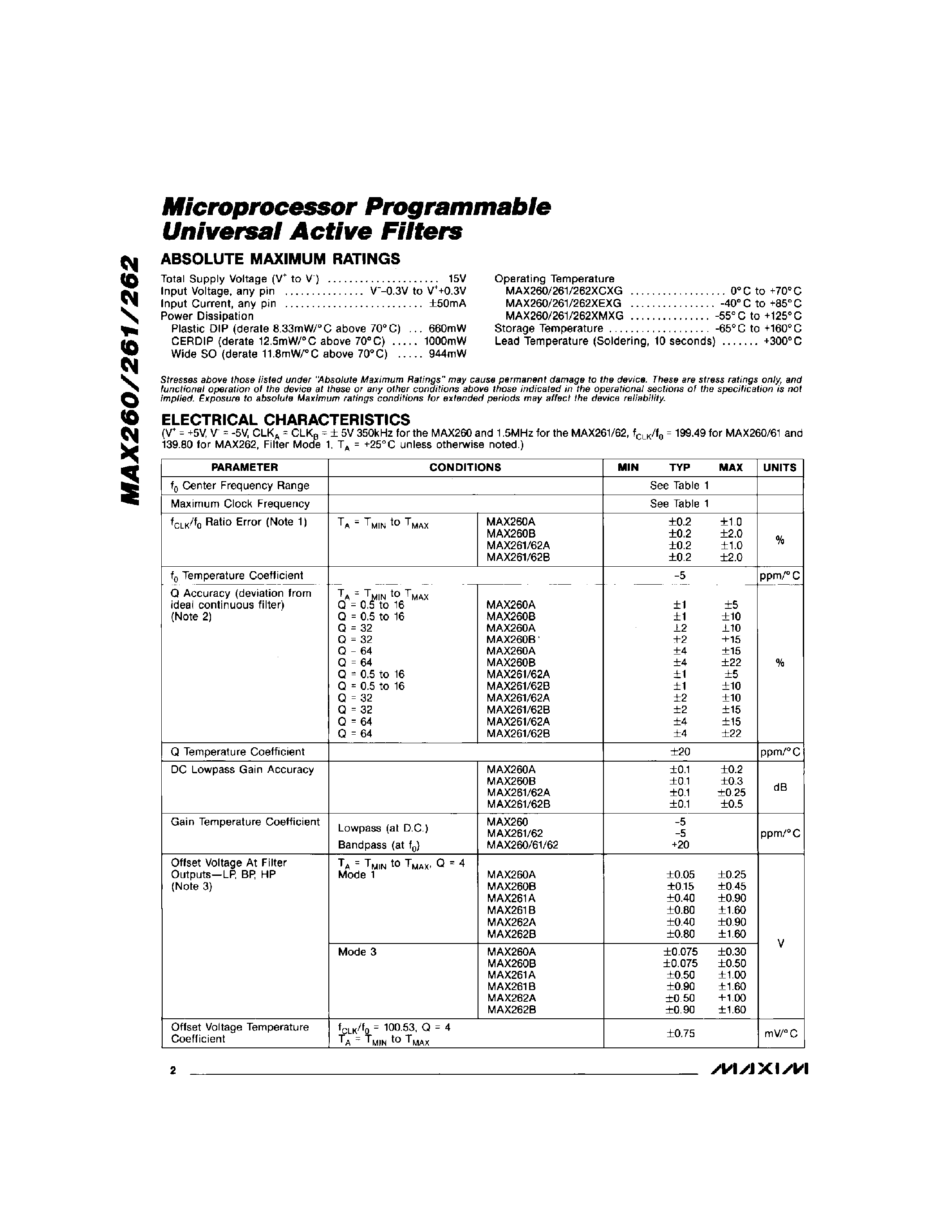Даташит MAX262BCNG - Microprocessor Programmable Universal Active Filters страница 2