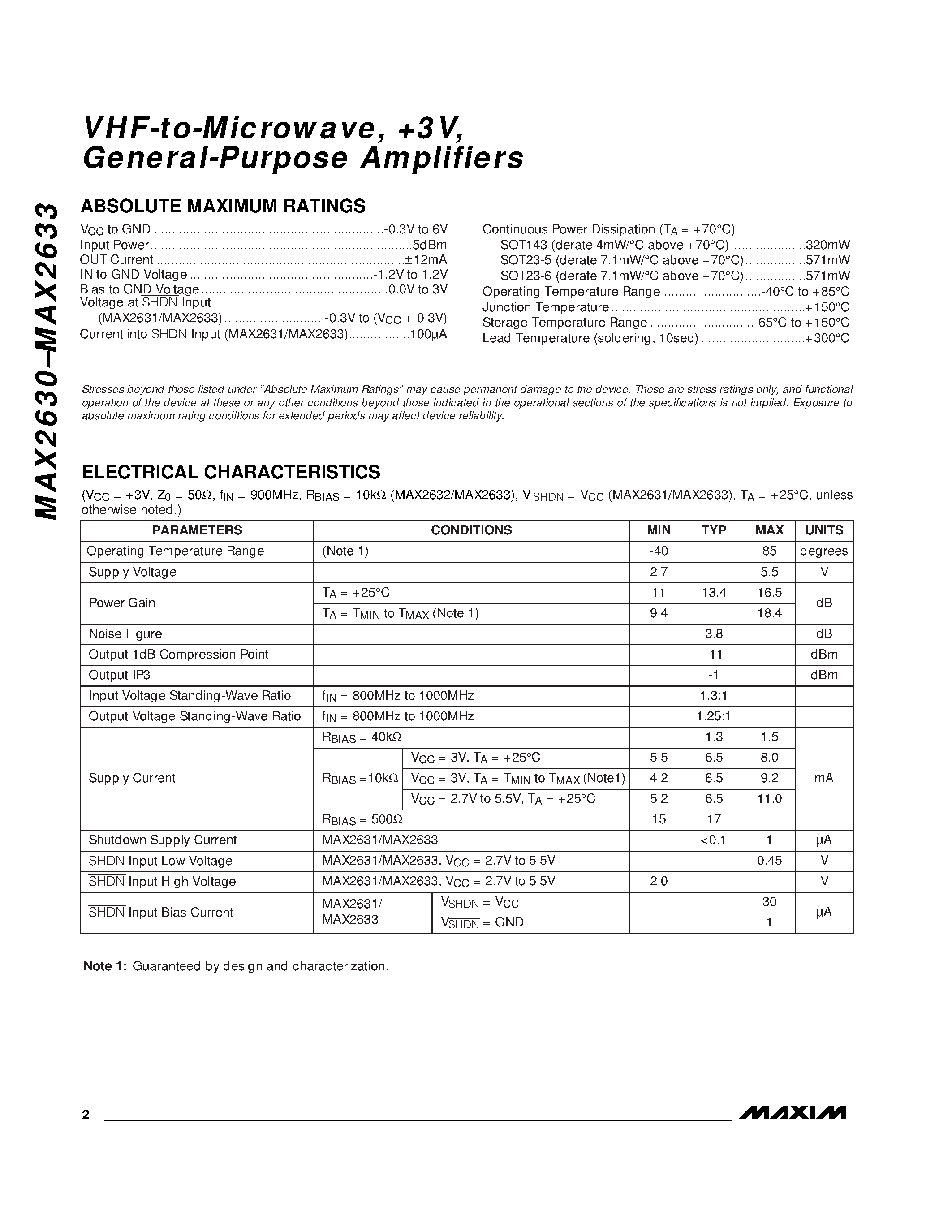 Datasheet MAX2630EUS-T page 2 Datasheet MAX2630EUS-T - VHF-to-Microwave / +3V / General-Purpose Amplifiers page 2