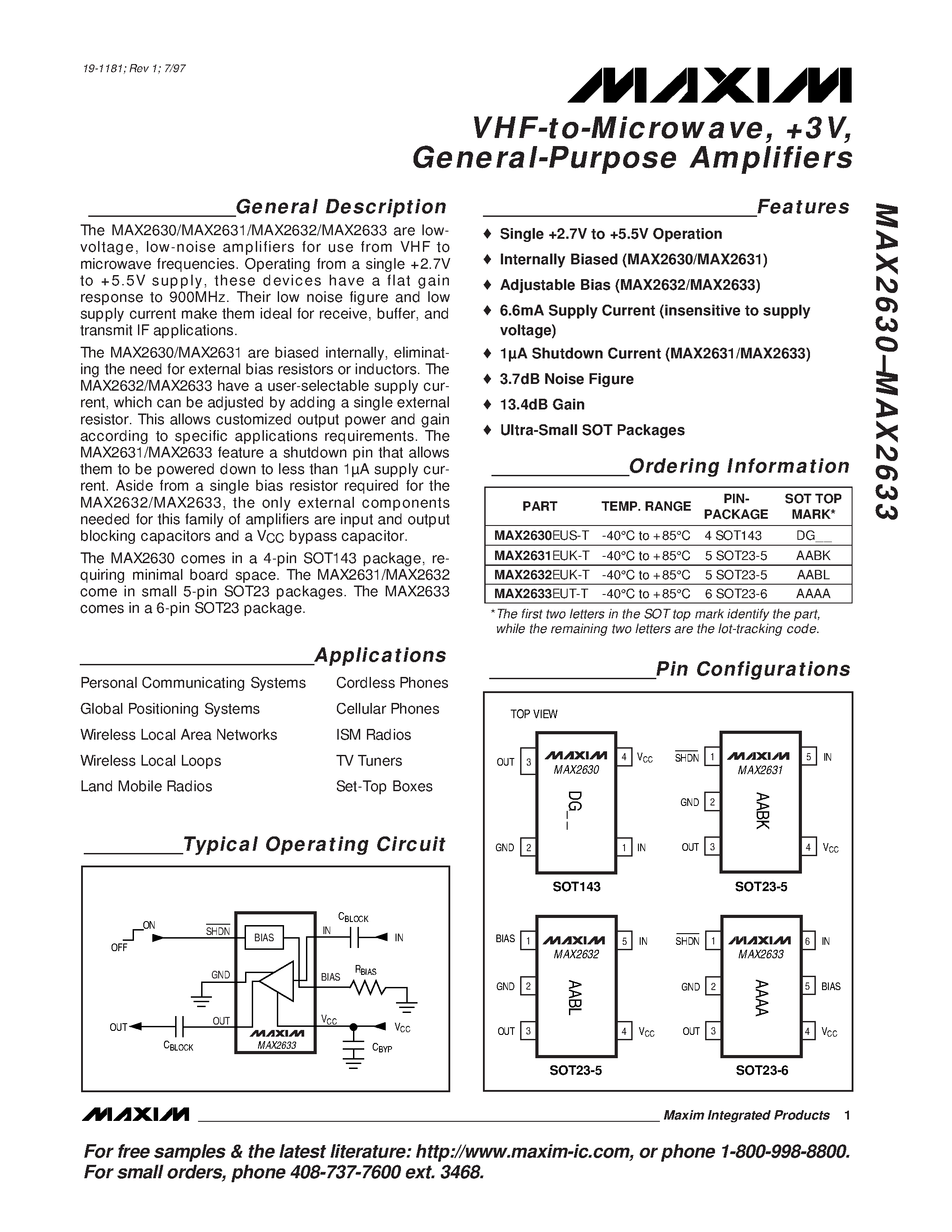 Datasheet MAX2631EUK-T page 1 Datasheet MAX2631EUK-T - VHF-to-Microwave / +3V / General-Purpose Amplifiers page 1