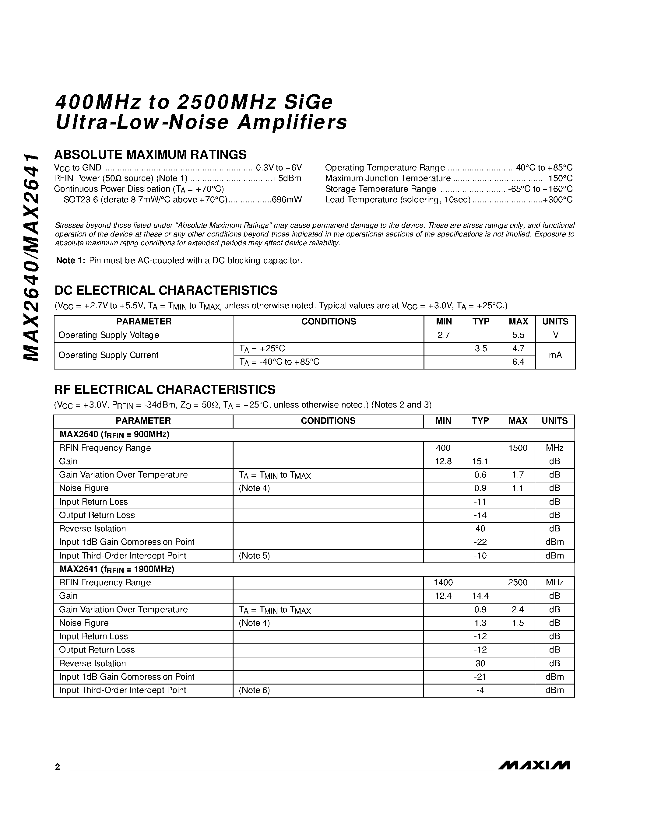 Datasheet MAX2640EUT-T page 2 Datasheet MAX2640EUT-T - 400MHz to 2500MHz SiGe Ultra-Low-Noise Amplifiers page 2