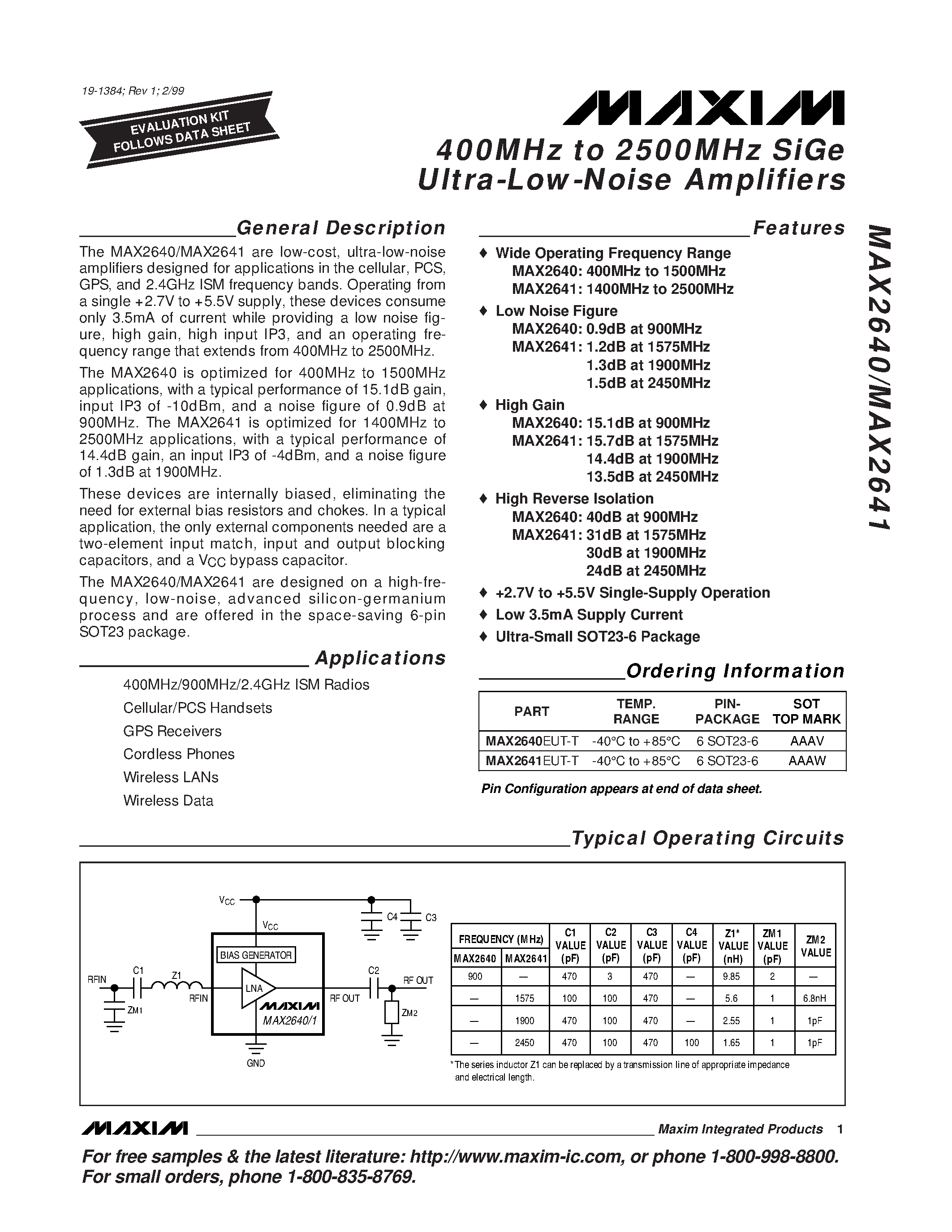 Datasheet MAX2641EUT-T - 400MHz to 2500MHz SiGe Ultra-Low-Noise Amplifiers page 1