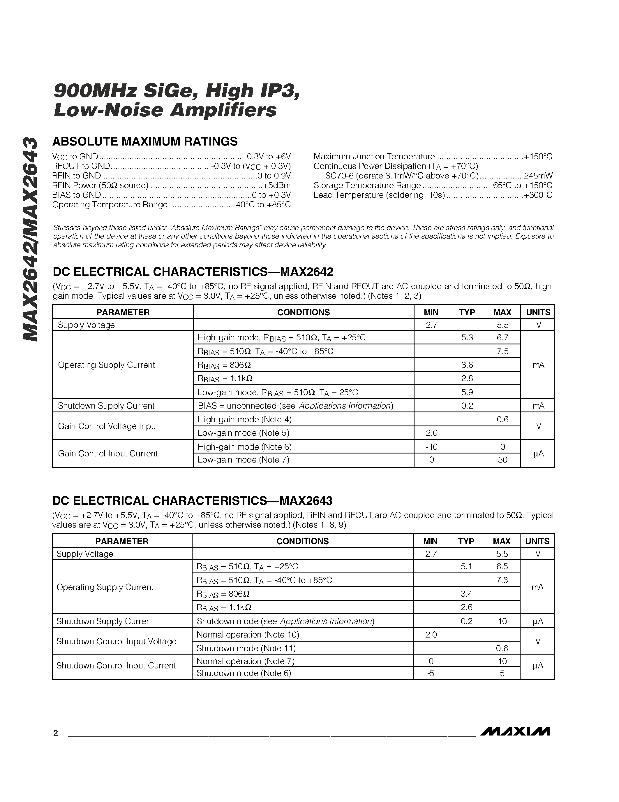 Datasheet MAX2642EXT-T page 2 Datasheet MAX2642EXT-T - 900MHz SiGe / High IP3 / Low-Noise Amplifiers page 2