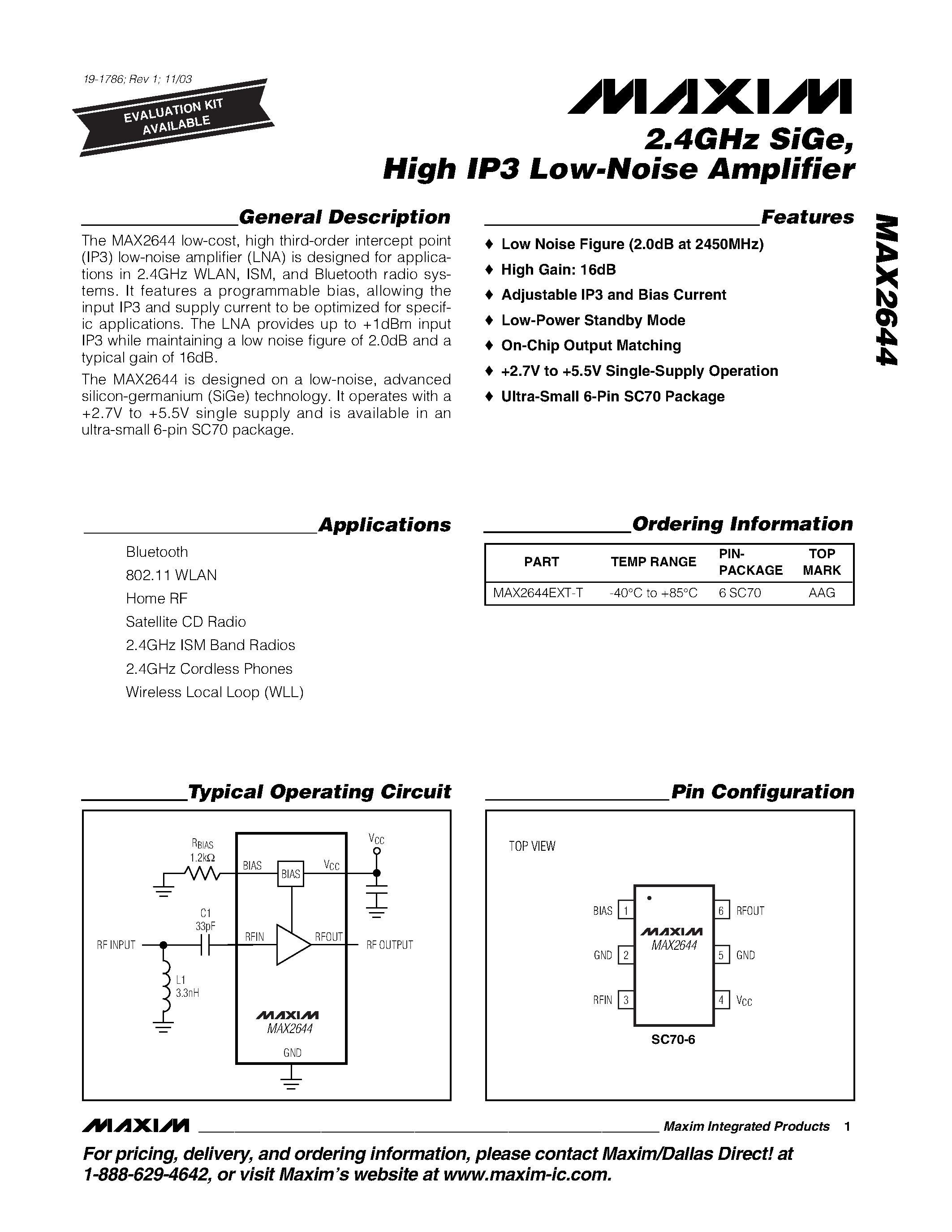 Datasheet MAX2644 - 2.4GHz SiGe / High IP3 Low-Noise Amplifier page 1