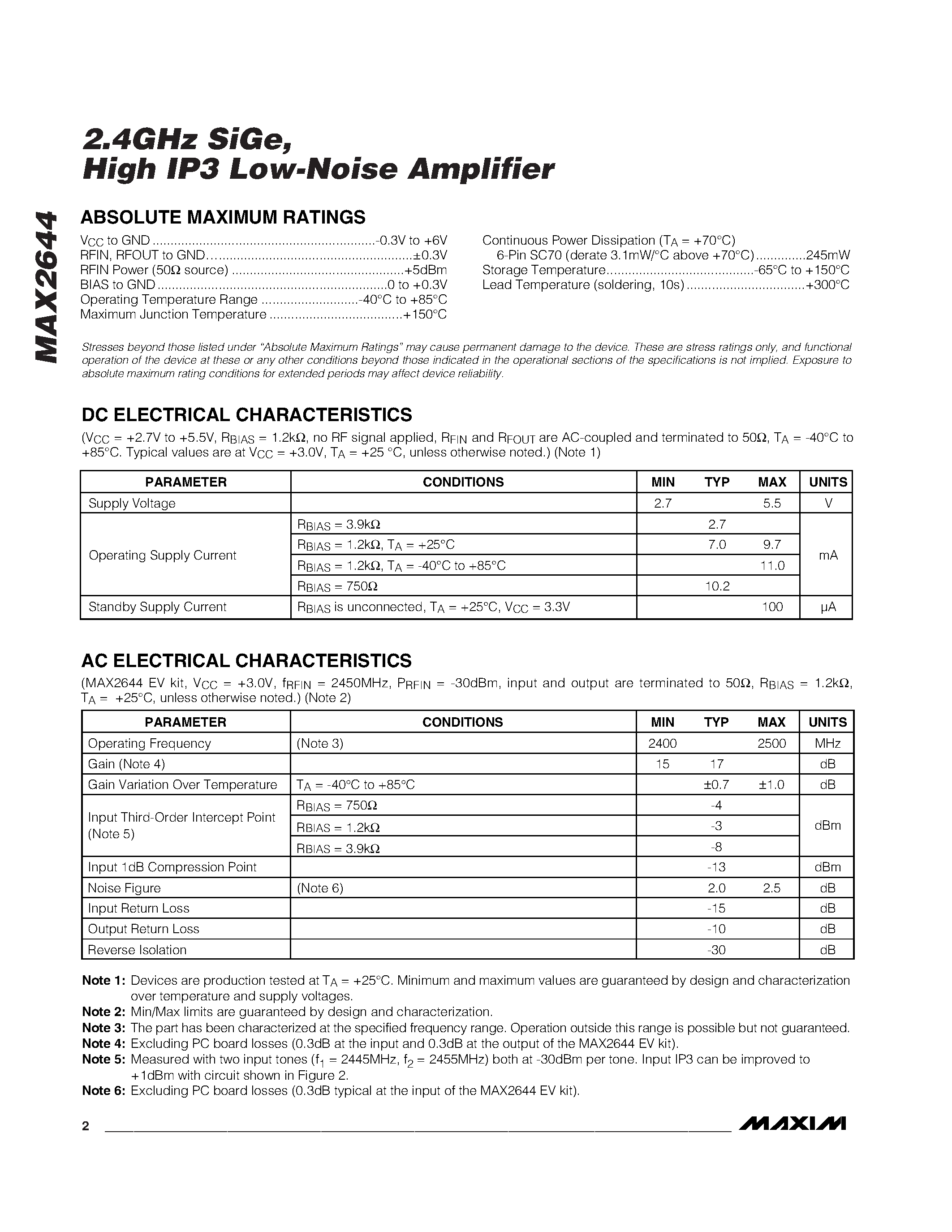 Datasheet MAX2644 - 2.4GHz SiGe / High IP3 Low-Noise Amplifier page 2