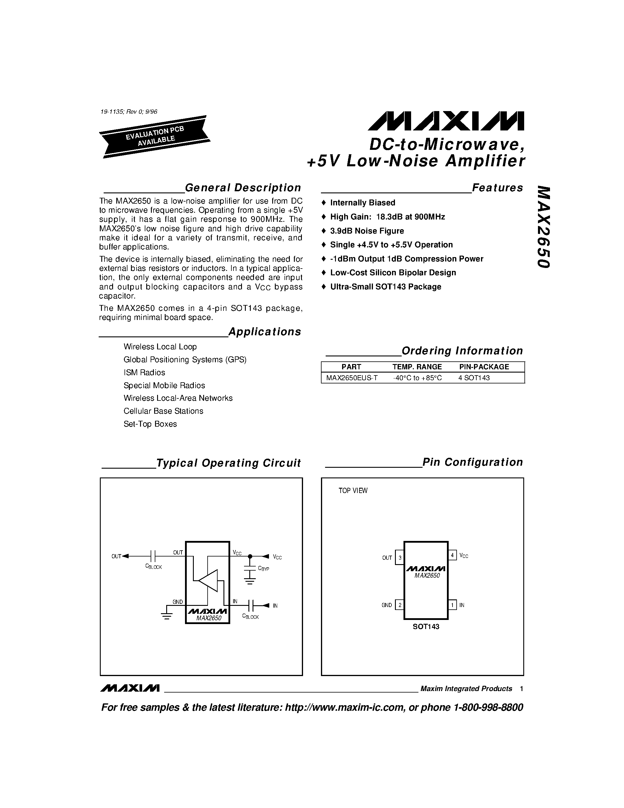 Datasheet MAX2650EUS-T page 1 Datasheet MAX2650EUS-T - DC-to-Microwave / +5V Low-Noise Amplifier page 1