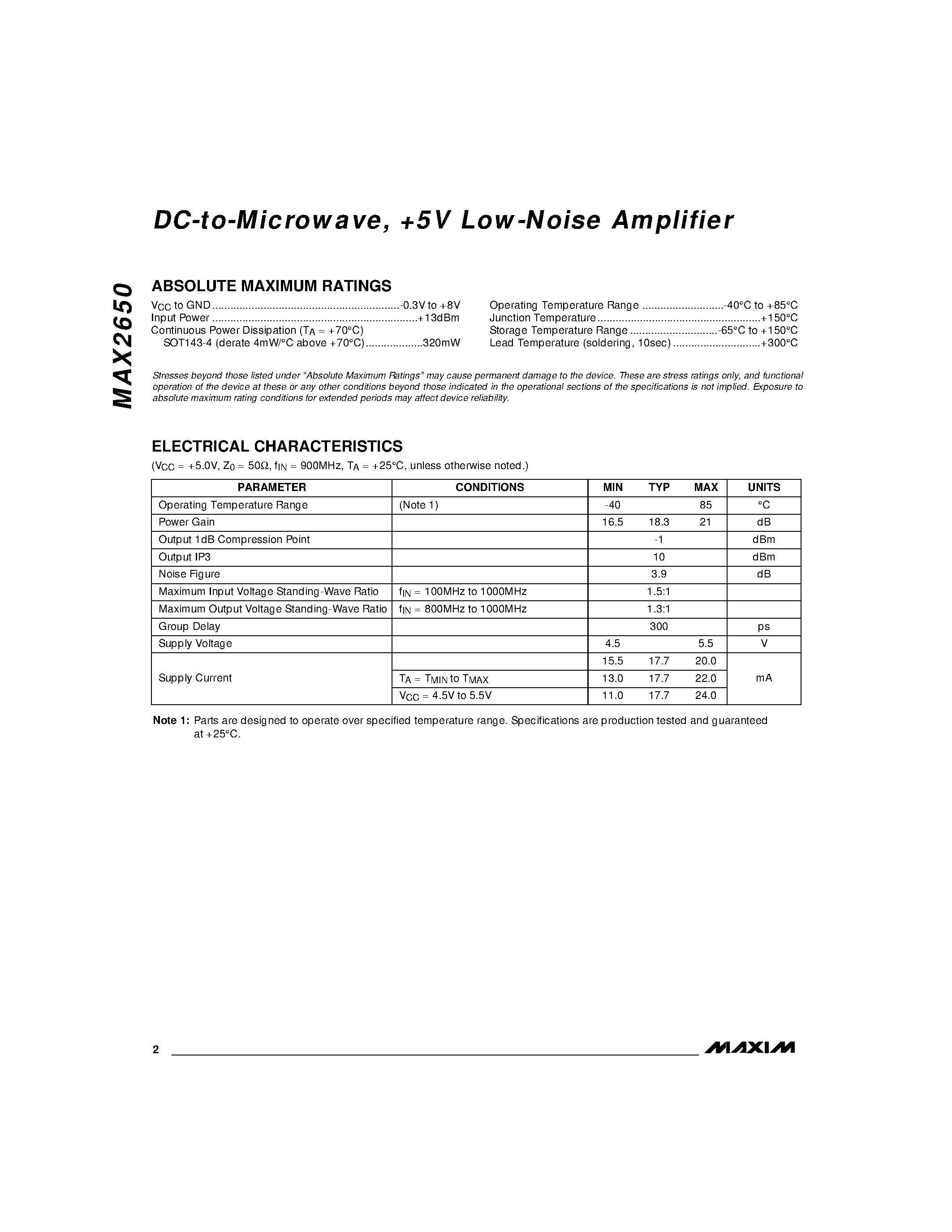 Datasheet MAX2650EUS-T page 2 Datasheet MAX2650EUS-T - DC-to-Microwave / +5V Low-Noise Amplifier page 2