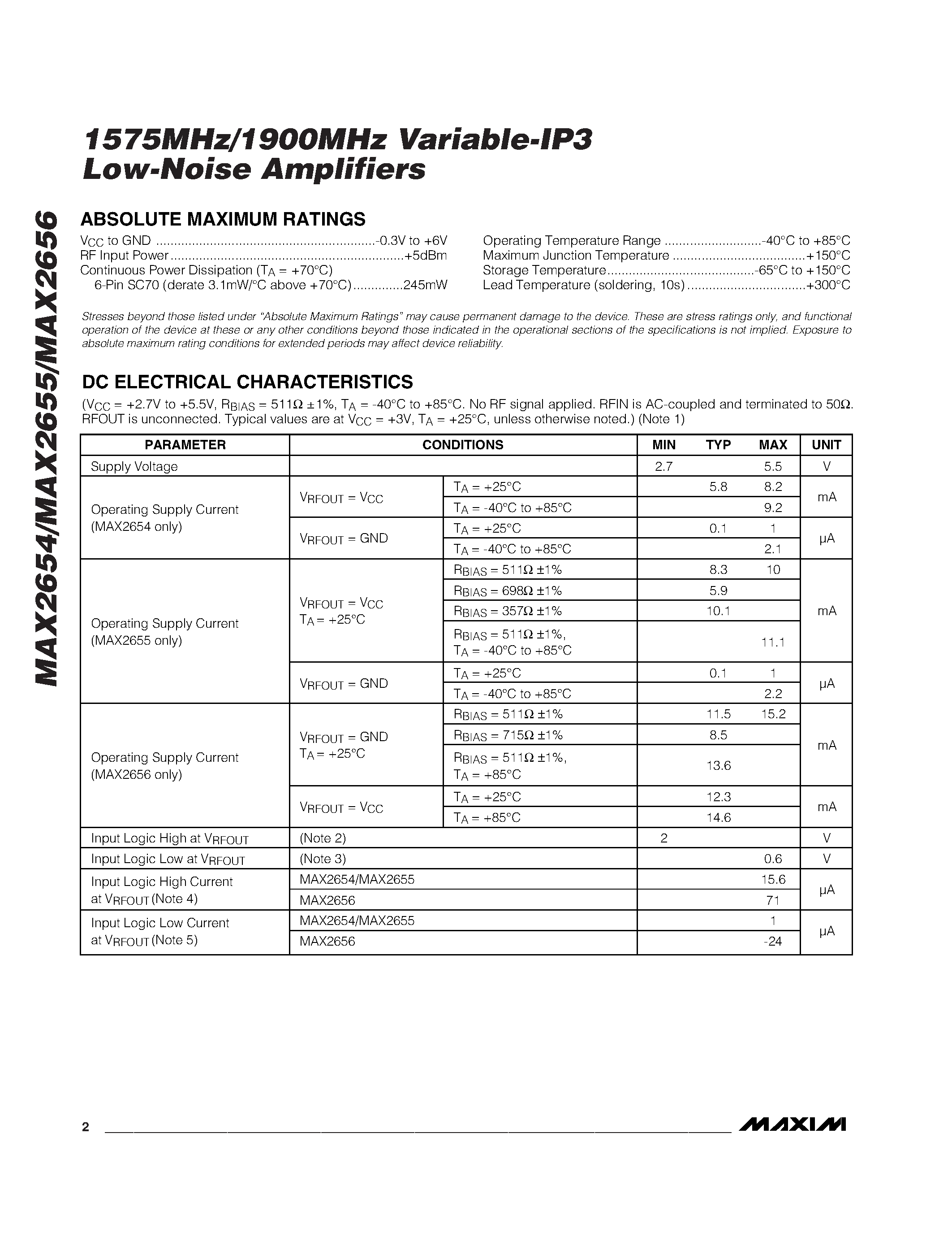 Datasheet MAX2654EXT-T page 2 Datasheet MAX2654EXT-T - 1575MHz/1900MHz Variable-IP3 Low-Noise Amplifiers page 2