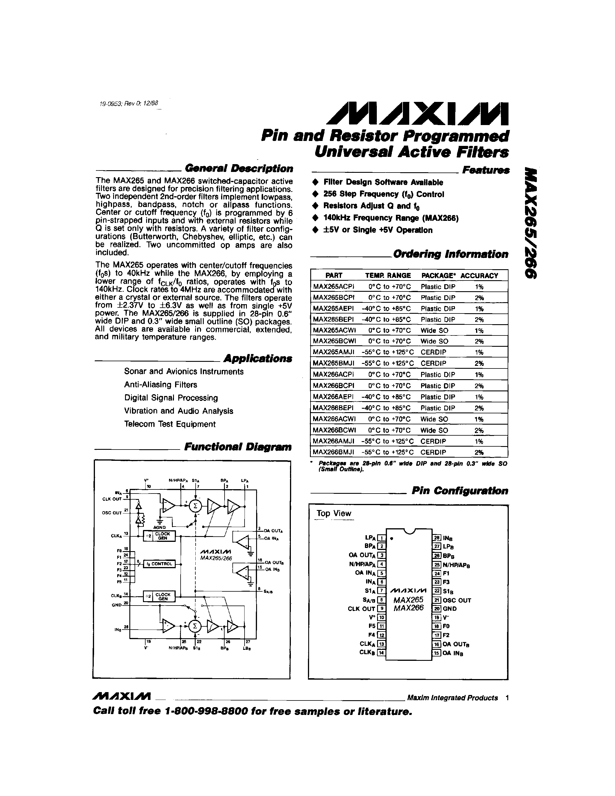 Даташит MAX265BCWI - Pin and Resistor Programmed Universal Active Filters страница 1