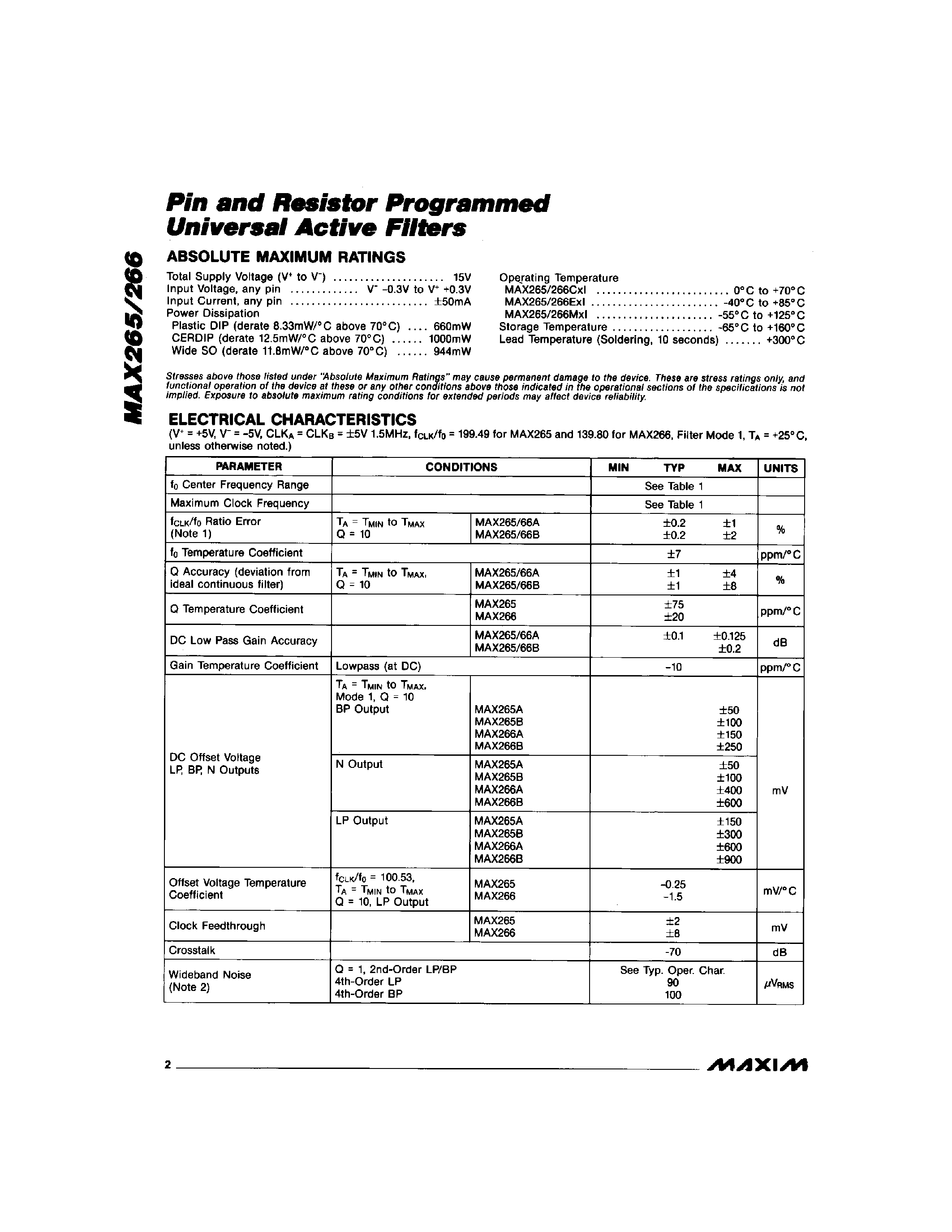 Даташит MAX265BEPI - Pin and Resistor Programmed Universal Active Filters страница 2